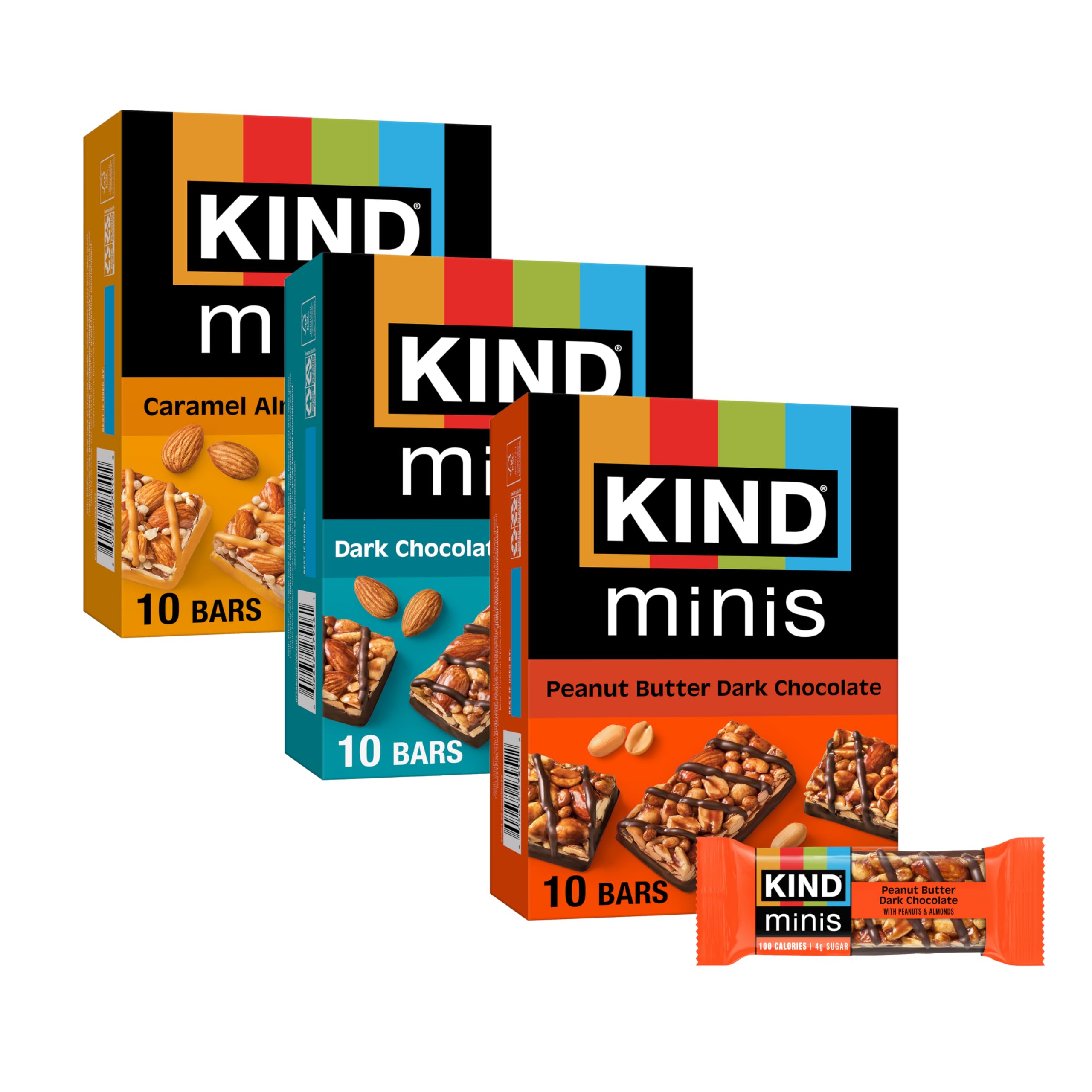 KIND Bar Minis, Variety Pack, Dark Chocolate Nuts and Sea Salt, Peanut Butter, Caramel Almond, Healthy Snacks, 3g Protein, Gluten Free, Low Sugar/Calorie Snacks, 30 Count