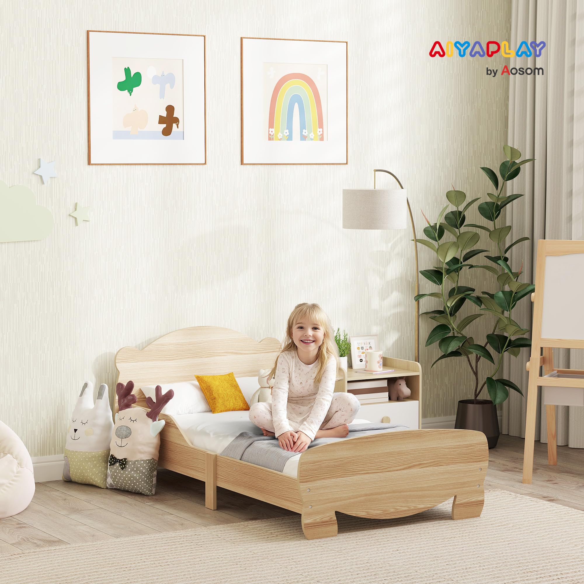 AIYAPLAY Kinderbett mit Rausfallschutz Lattenrost 140 x 70 cm Jugendbett mit Bären-Design Einzelbett für Mädchen und Jungen Naturholz
