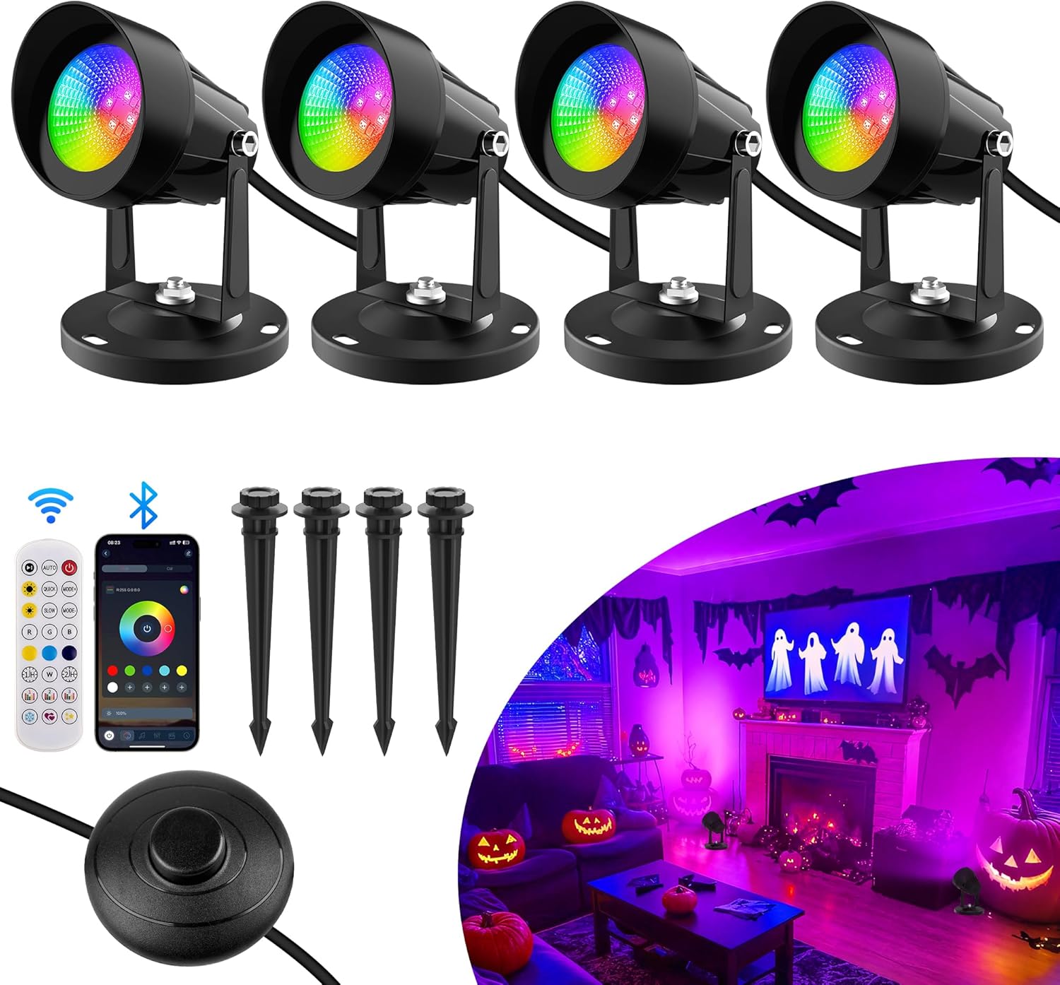 T-SUN Smart RGBW Spotlights Indoor Uplights, Halloween Spotlights with App & Remote, Music Sync, 16M Colors, Timer, Dimmable, Waterproof Floor Spotlight for Plants Home Party Stage Decor, Set of 4 APP & Remote Control 4 Pack