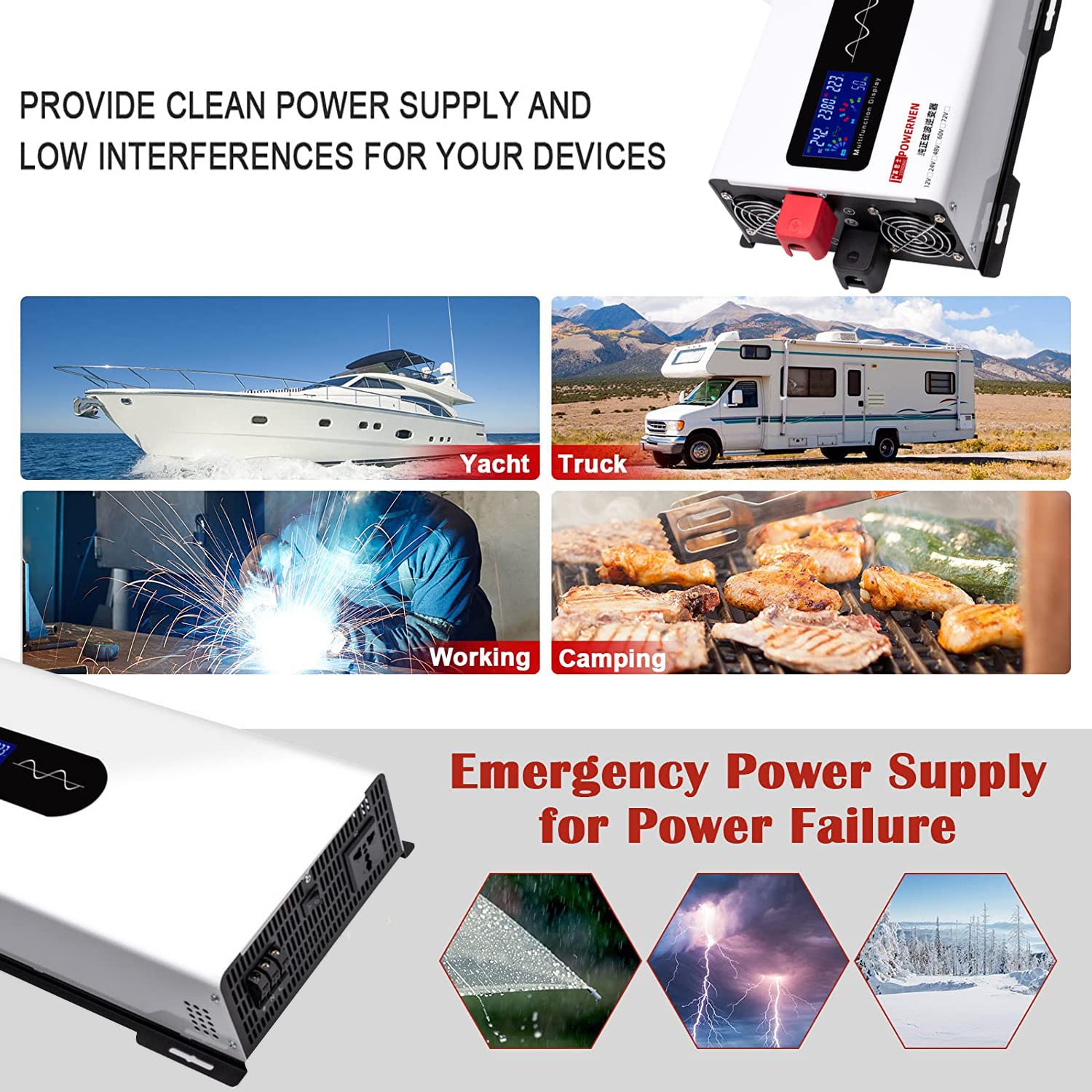 Convertitore di Tensione 7000W 8000W 9000W 10000W 12000W 15000W 20000W DC 48V 60V 72V a 230V AC Inverter a Onda sinusoidale Pura Convertitore di Corrente con Presa e Display LCD,10000W-48V
