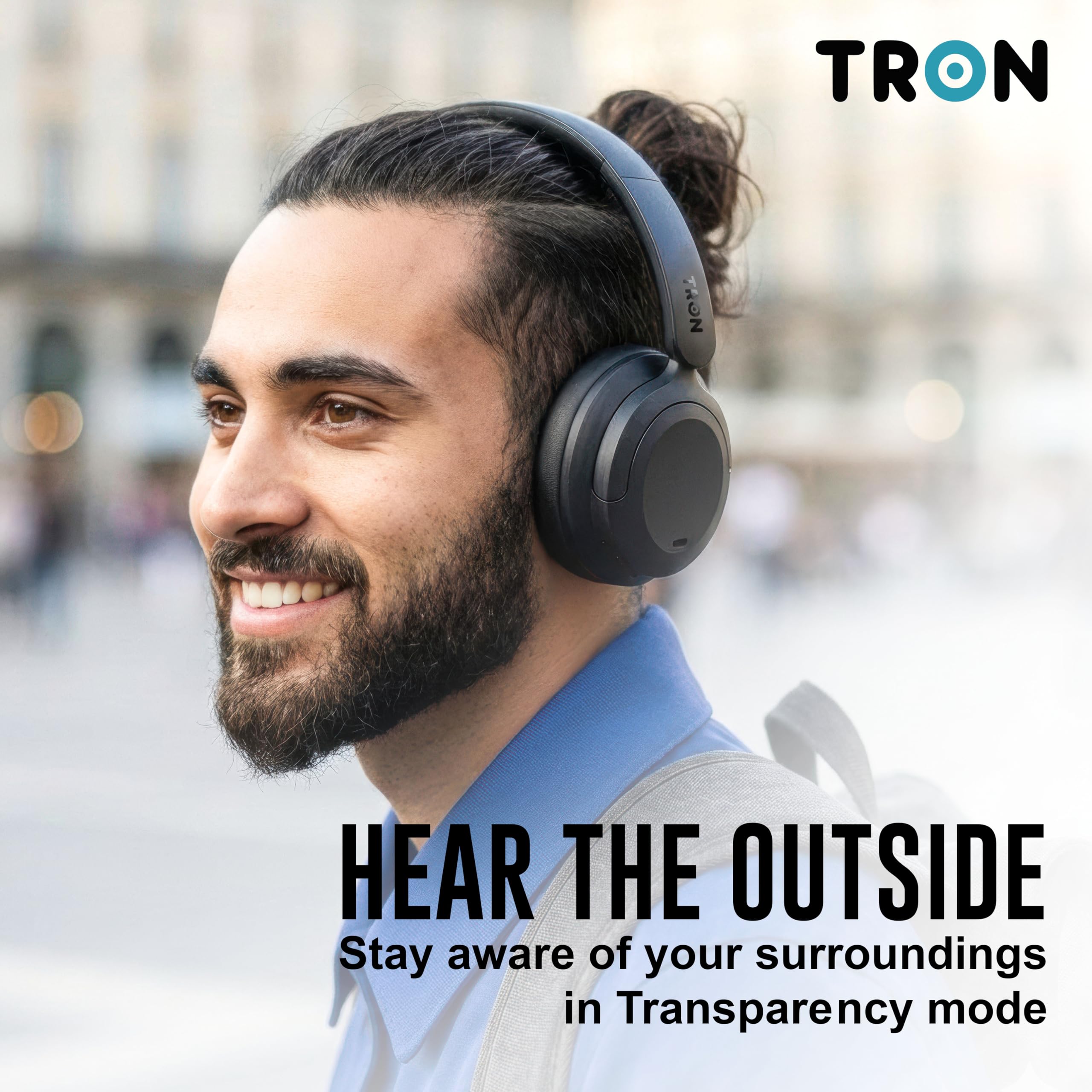 TRON Cuffie ibride con cancellazione del rumore, over-ear wireless con batteria 60H, modalità trasparenza, ricarica rapida, design pieghevole, custodia da viaggio inclusa (TR110)/nero