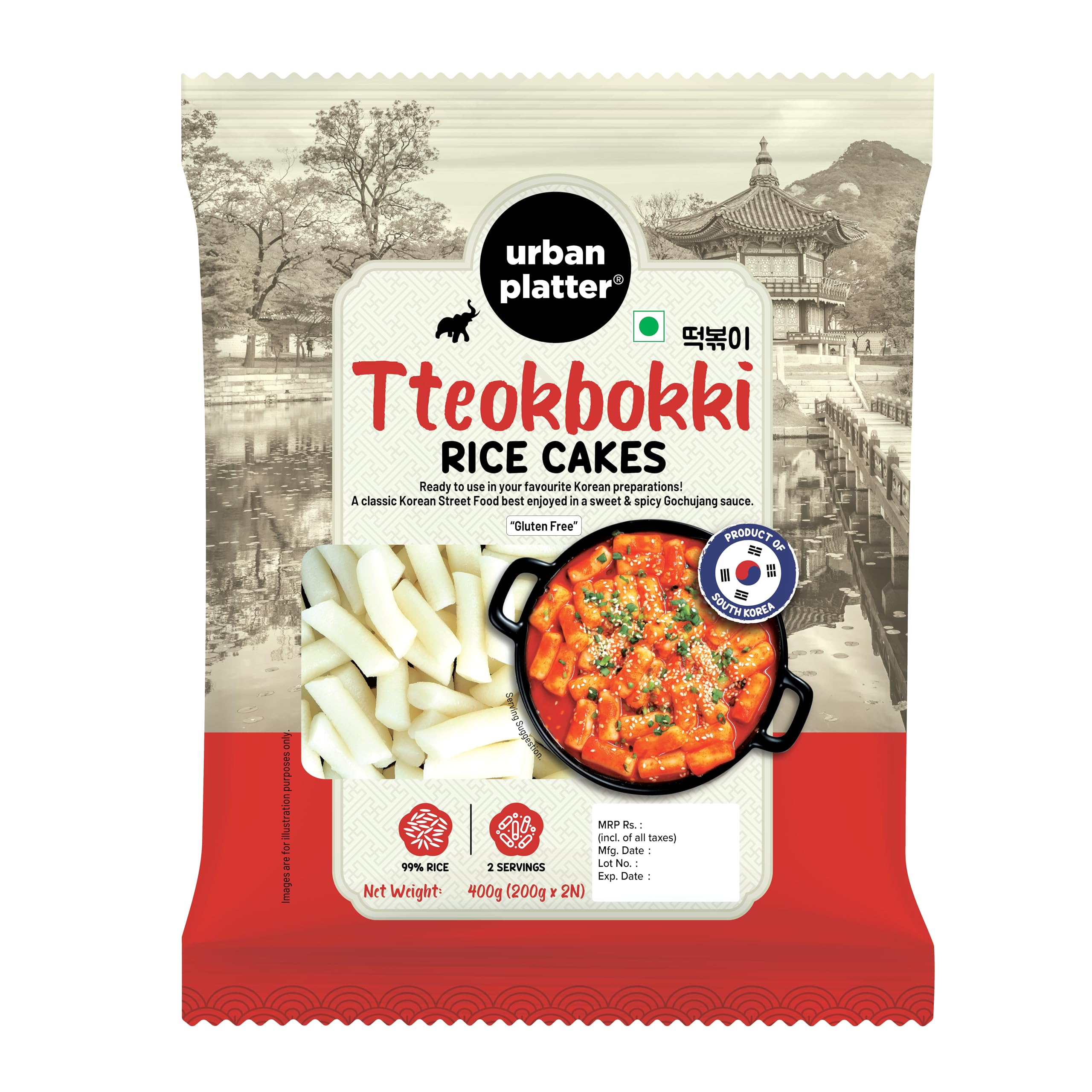 Urban Platter Classic Korean Tteokbokki Rice Cakes, 400g (Soft & Chewy Garaetteok | Korean Rice Sticks | Ideal for Stir-Fries, Soups & Tteokbokki)