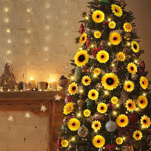 Miniatura 4 de Crowye 124 adornos de árbol de girasol de Navidad, girasoles amarillos, decoraciones de Navidad, girasoles artificiales grandes, adornos de mini