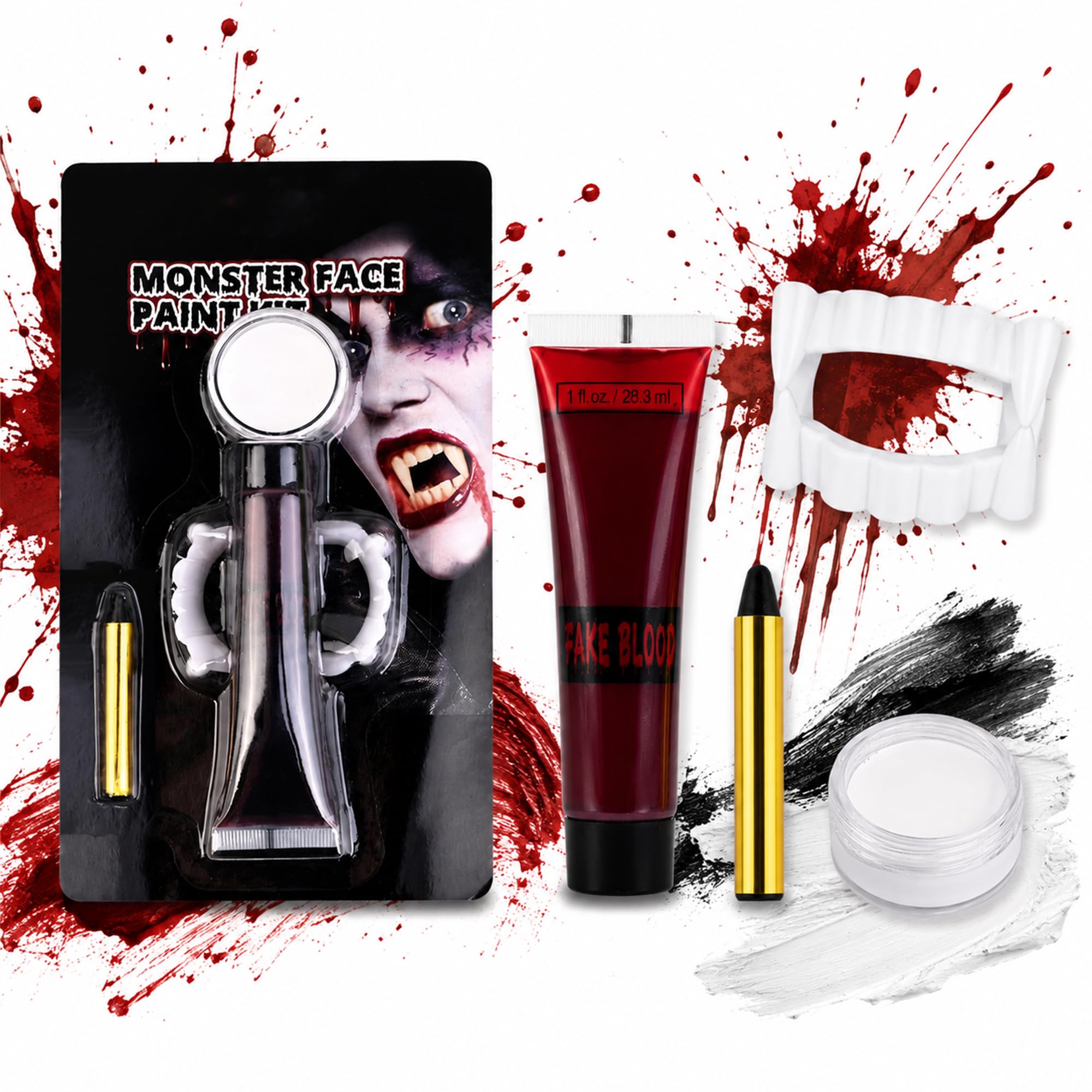 Halloween Fake Blood Washable + Fake Teeth Vampire Teeth + Black and White Face Painting Kit, Drip Liquid Blood for Clothes, Zombie, Vampire Monster SFX Makeup Face Body Paint