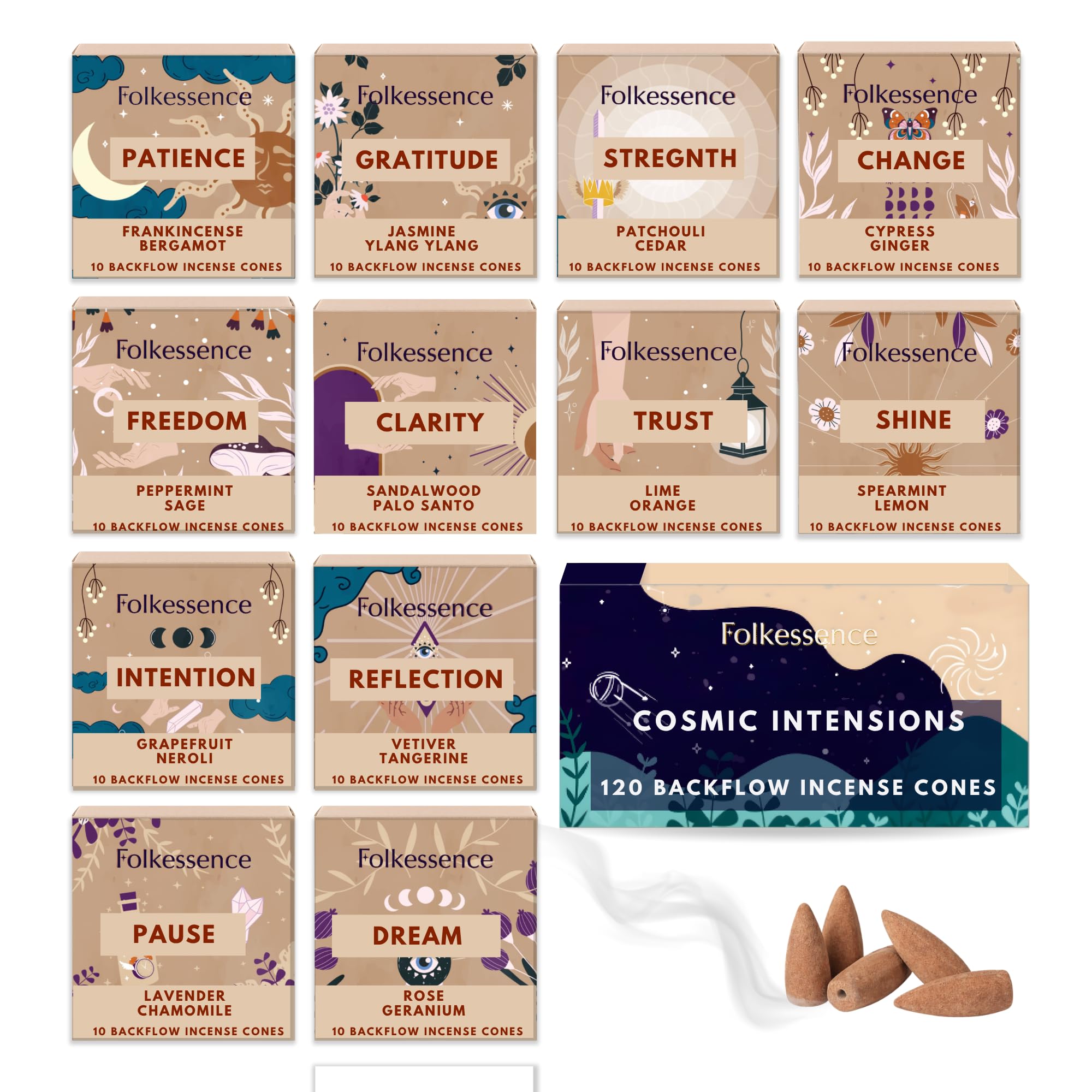 Folkulture Cosmic Intentions Backflow Incense Cones (240 Cones) | Set Of 12 Waterfall Insence Cones For Meditation, Aromatherapy, Gifts | No Charcoal, Organic, Non Toxic Frankincense, Palo Santo Scented Inscents-Cones