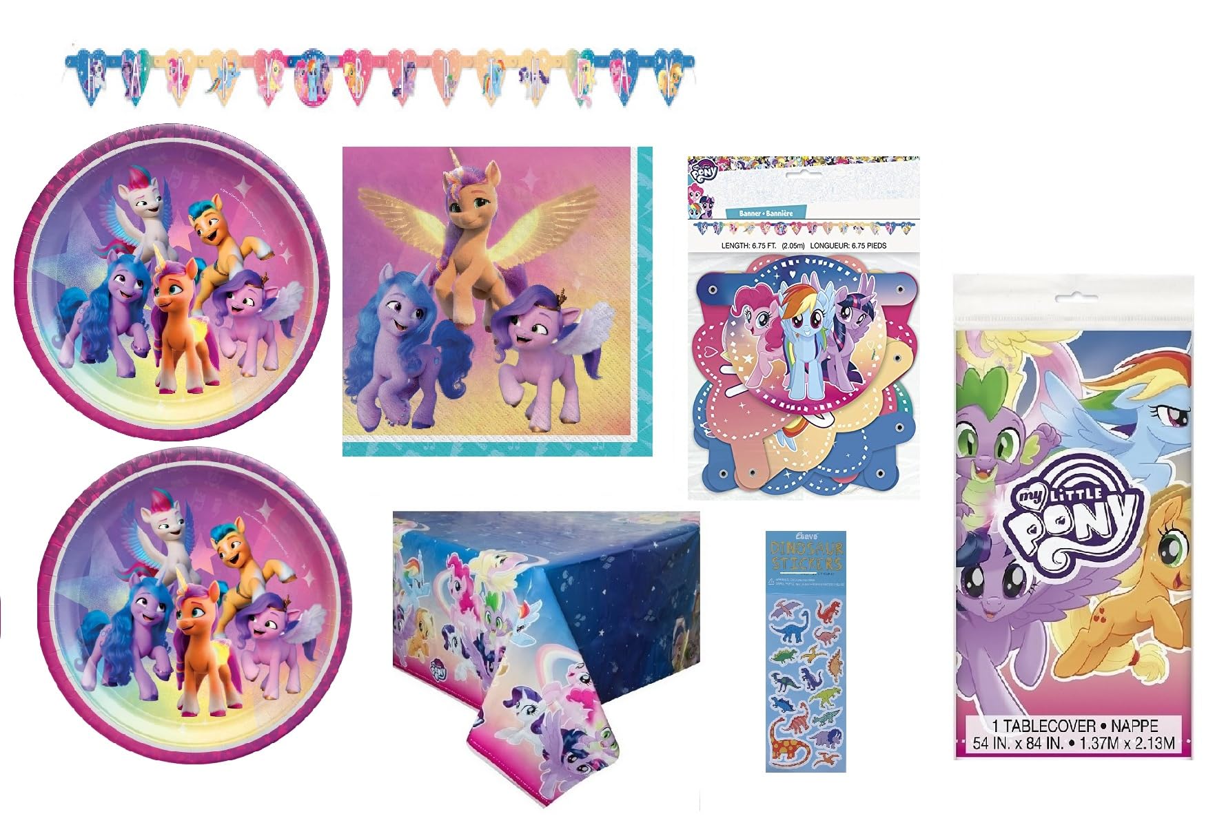 My Little Pony Birthday Party Supplies Decoration Bundle Pack Includes 16 Paper Plates, 16 Napkins, 1 Table Cover, 1 Happy Birthday Banner
