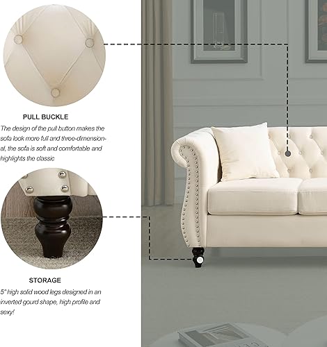 Miniatura 8 de Sofá Chesterfield de terciopelo de 80 pulgadas, sofá de 3 plazas con dos almohadas, cabeza de clavos y brazos enrollados, sofá tapizado con respaldo