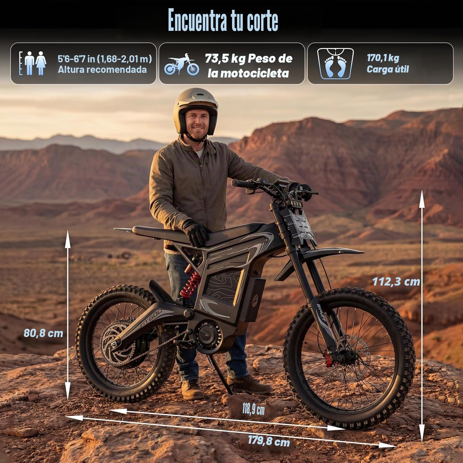 GT600 Moto eléctrica de cross para adultos, batería de 72 V y 30 Ah, autonomía de 160 km, neumáticos todoterreno de 19"/17", arranque NFC, doble suspensión y frenos hidráulicos