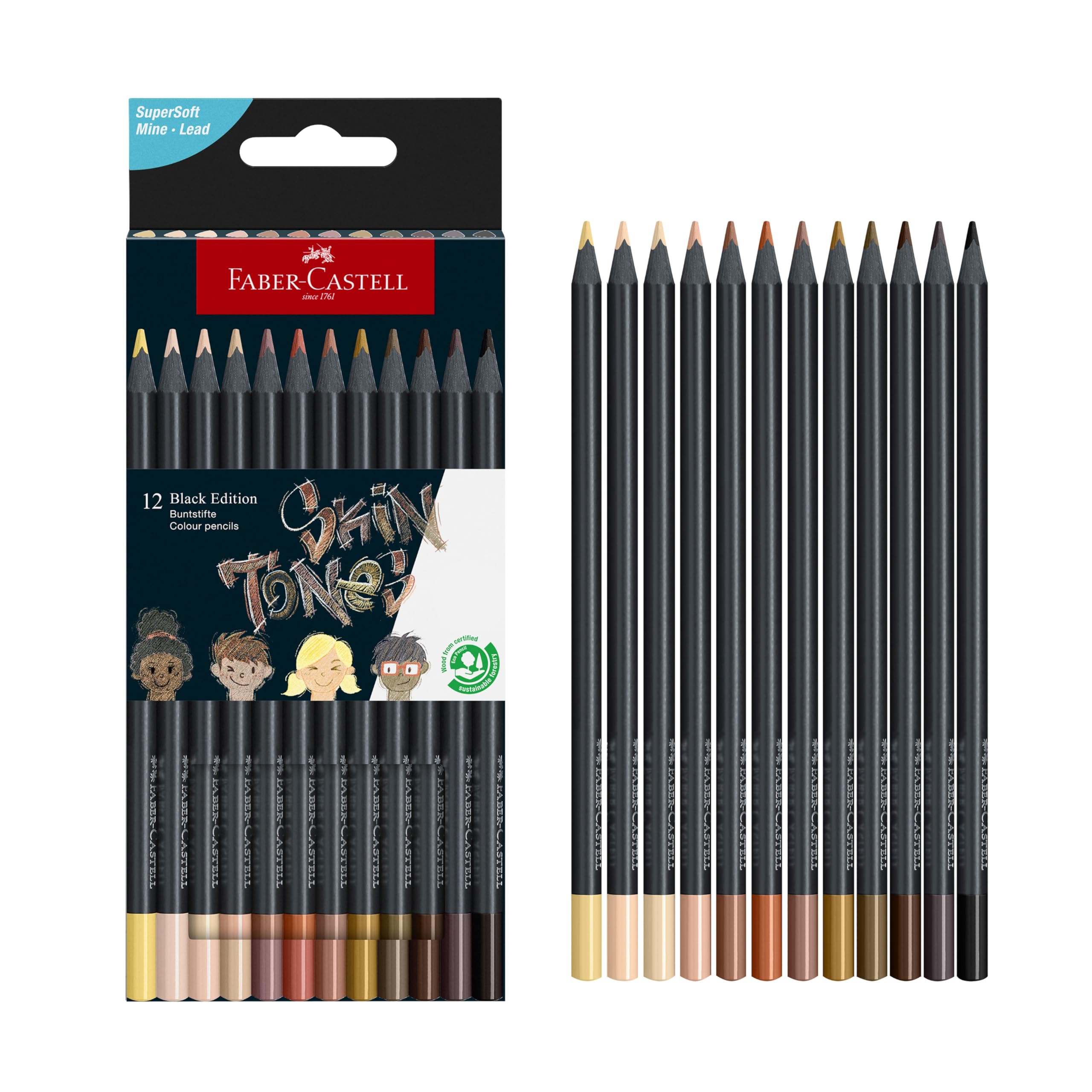 Faber-Castell Black Edition Boya Kalemi 12’li Skin Tones, Siyah Lata, Siyah Kağıda Uyumlu, Ergonomik Üçgen Gövde, Ten Renkleri
