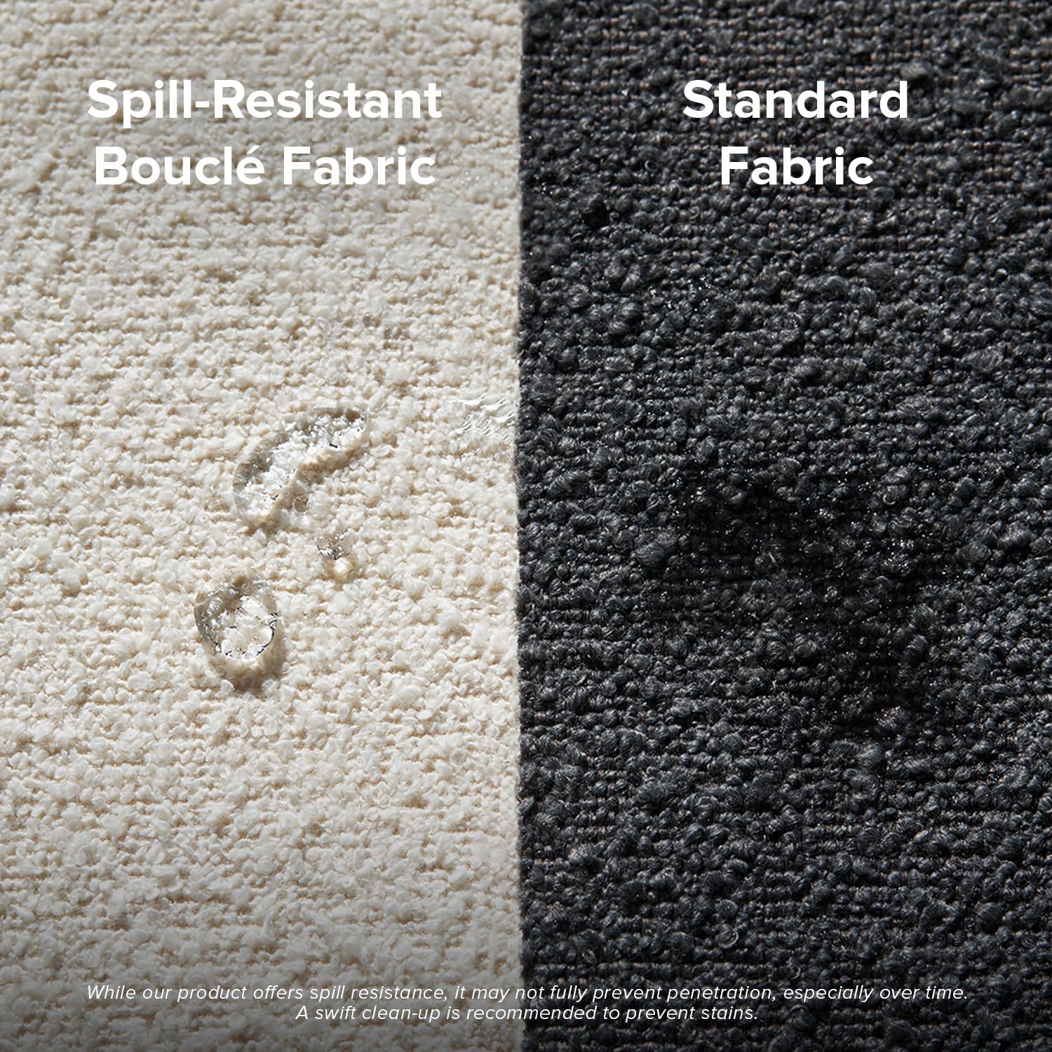 Comparison of spill-resistant boucle fabric with standard fabric, showing water beading on the boucle fabric.