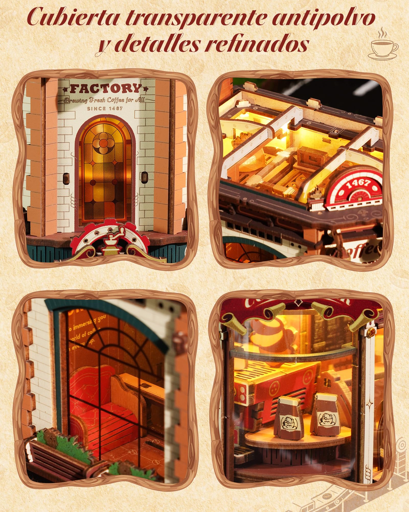 ROKR Dream Coffee Factory EAB02 Casa de Muñecas Miniatura DIY con Caja de Música para Adultos, Modelo de Fábrica de Café Mecánico con Piezas Móviles, Iluminación LED y Música Jazz, Regalo Creativo