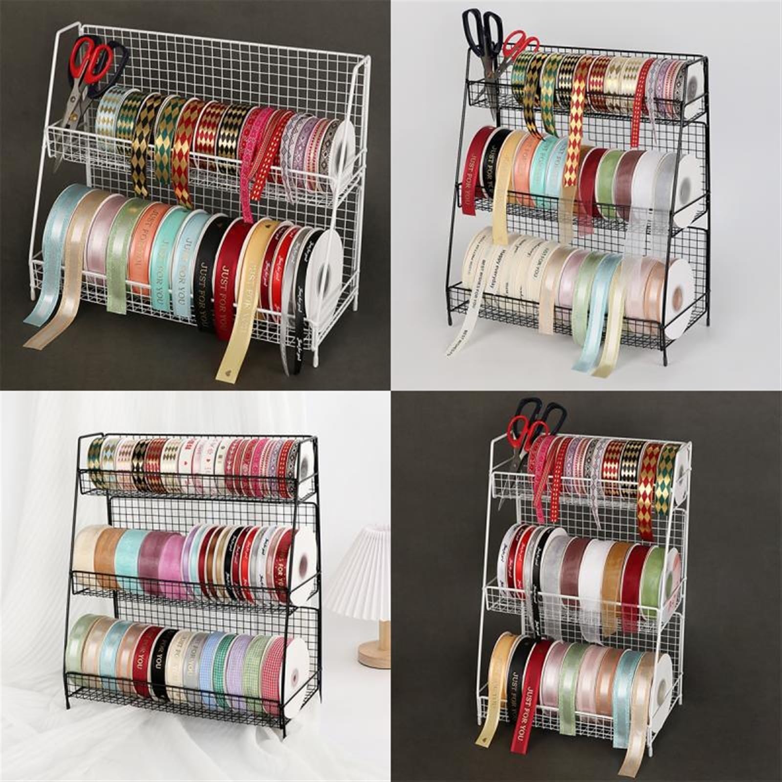 Organizery do pokoju rzemieślniczego i metalowy uchwyt na wstążkę, stojak na papier do pakowania prezentów, rolka i szpule, czarny, 3 warstwy, 30 x 18 x 45 cm