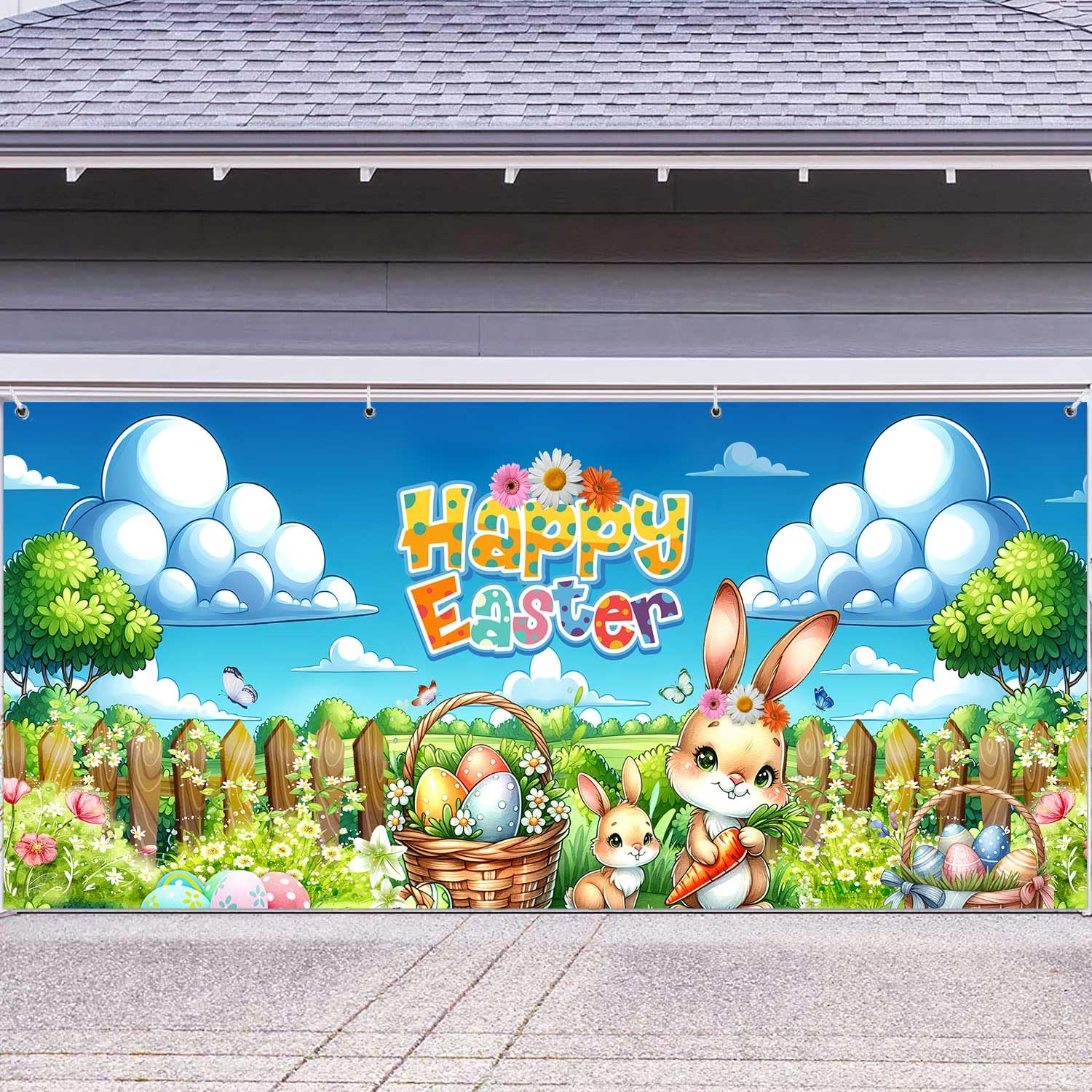 6X13ft Easter Garage Door Cover, Happy Easter Party Garage Door Decorations Easter Garage Door Cover Cute Bunny Eggs Door Backdrop, Large Easter Bunny