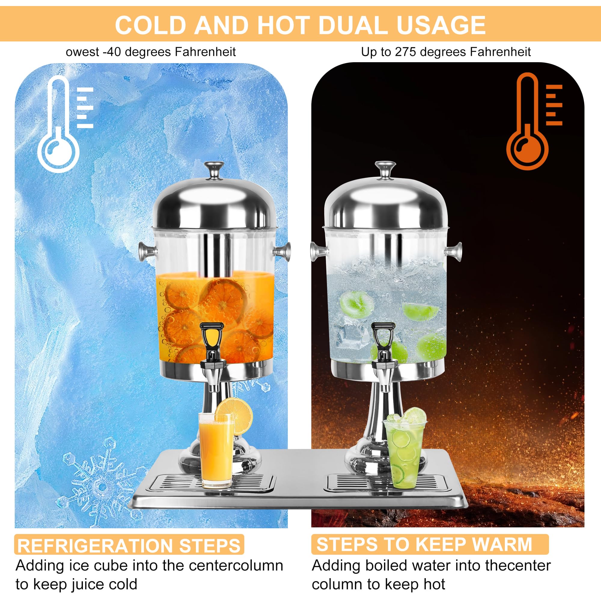 Dispenser per bevande da 4,4 galloni per feste con nucleo di ghiaccio e vaschette antigoccia, in acciaio inox Dual Catering, dispenser per bevande fredde con supporto per feste, matrimoni, buffet