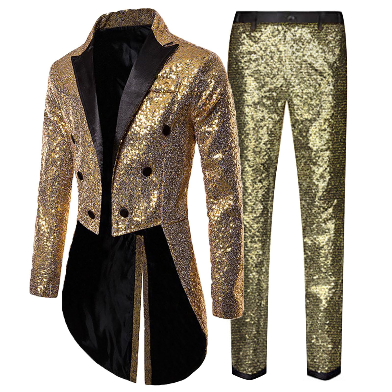 Costume de smoking à paillettes pour homme - 2 pièces - Veste frack pour homme - Pour fête, bal de fin d'année, pantalon - Tenue business, carnaval, cosplay