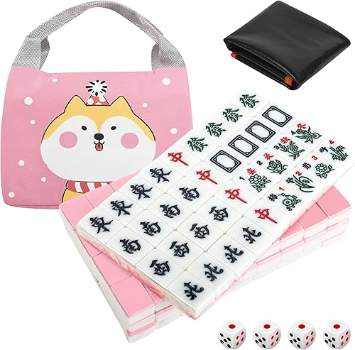 Chinese Small Pink Mahjong Sets 144 Melamine Tiles 1.2"(30mm) Tile with Portable Travel Handbag Complete Mahjong Game Set - (Majiang, )