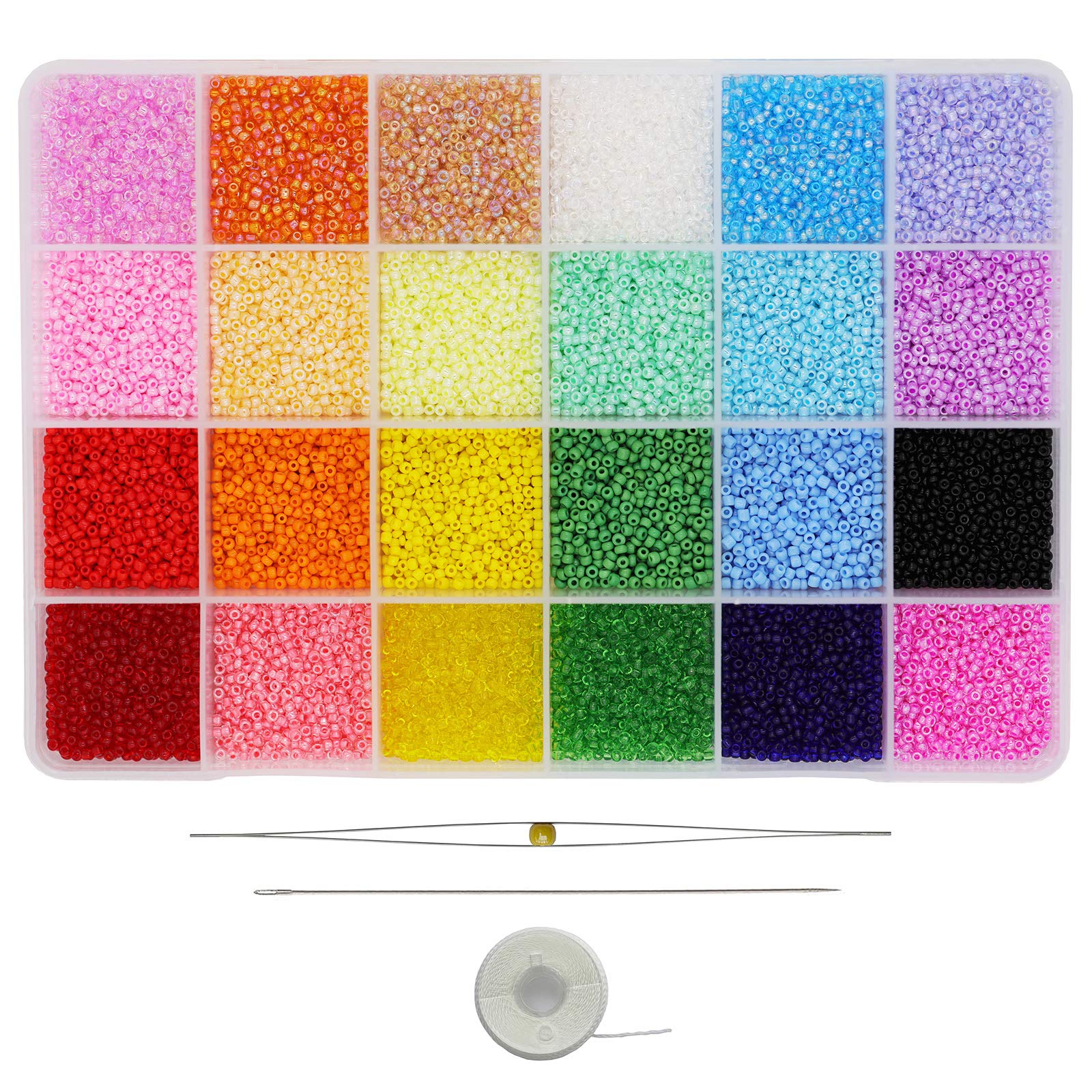 Bala&Fillic Size 2mm 12/0 Glass Seed Beads Kit with Needles and String, About 21600pcs in Box, Multicolor Assortment, 900pcs/Color, 24 Colors, Great for DIY Jewelry Making