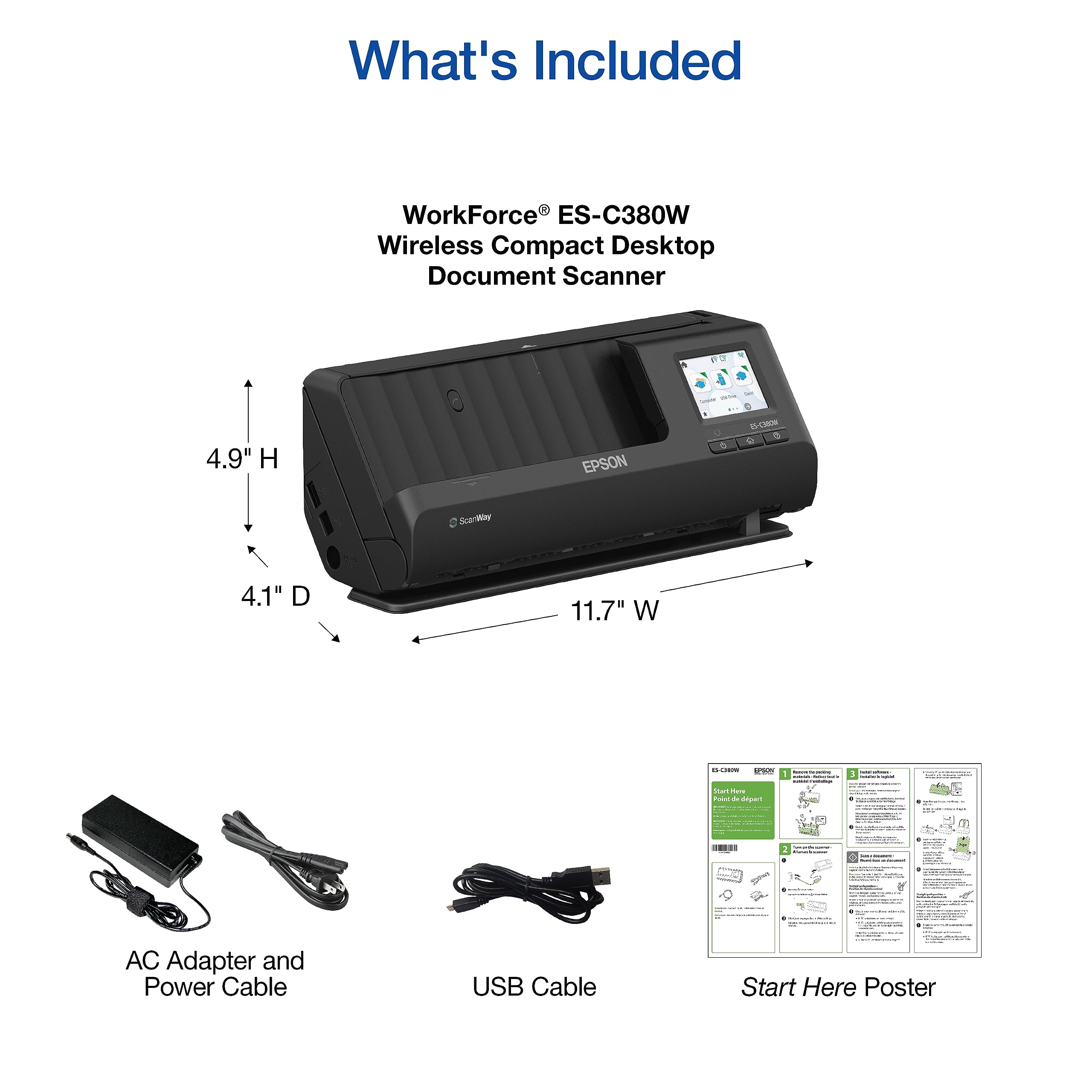 Epson Workforce ES-C380W Escáner de documentos compacto inalámbrico de escritorio con escaneo de 2 lados y alimentador automático de documentos (ADF) para PC y Mac