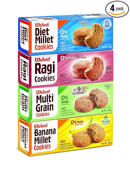 Weleet Assorted Pack of Multi Grain, Millet, Ragi & Banana Millet Digestive Cookies | Home/Office Snack | Free of White Sugar & White Flour | 100 % Natural & Healthy (4 Flavours-360 gm)