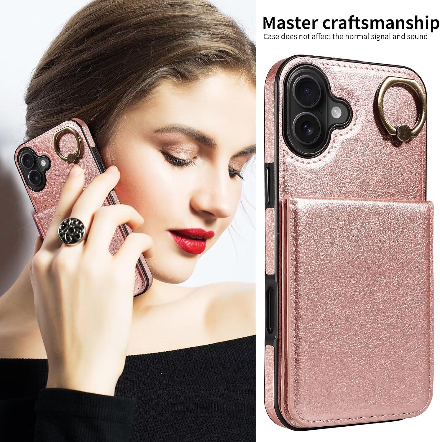 Compatible with iPhone 16 Plus Wallet Case with Card Holder, Ejector Pin & SIM Card Storage, 360° Rotation Ring PU Leather Kickstand Card Slots Case Shockproof Protective Phone Cover