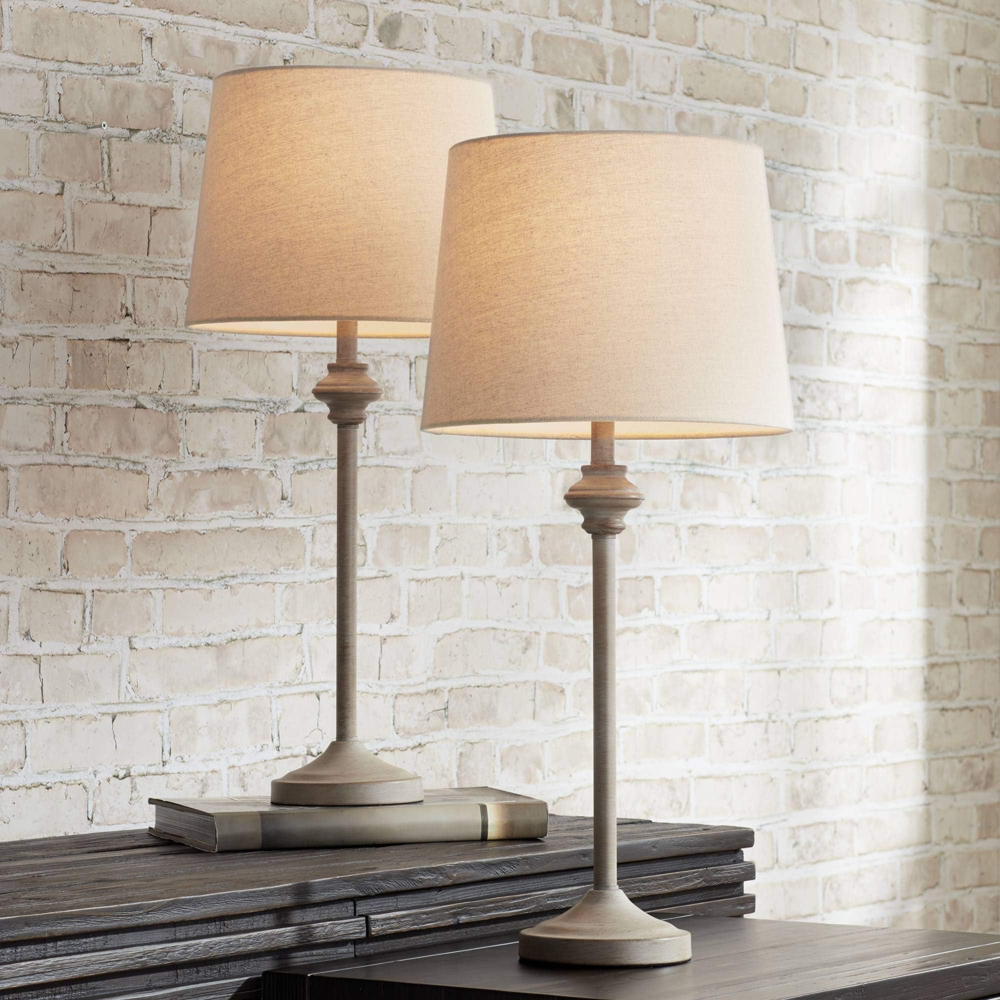 360 Lighting Lynn Country Cottage Core Rustic Buffet Table Lamps 26 3/4" Tall Skinny Set of 2 Light Beige Wood Oatmeal Fabric Tapered Drum Shade for Living Room House Home Dining Office Family