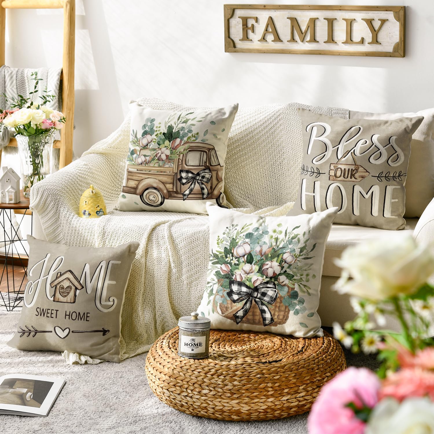 AVOIN colorlife Bless Our Home Sweet Home Farmhouse Eucalyptus Leaves Throw Pillow Covers, 20 x 20 Inch Truck Cushion Case Decorations Set of 4 Brown 20" x 20" (Pack of 4)