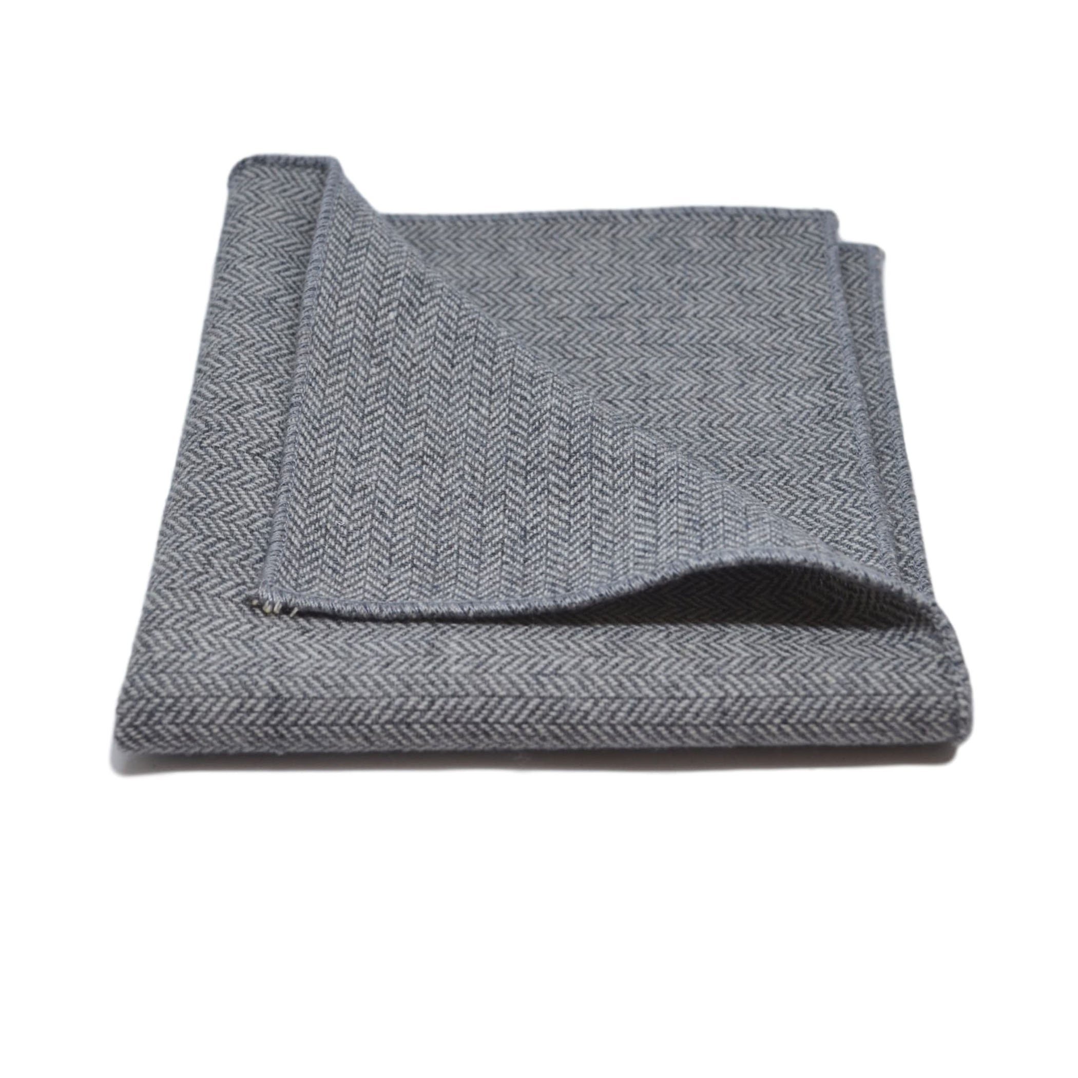 King & Priory Silver Grey Herringbone Pocket Square, Handkerchief