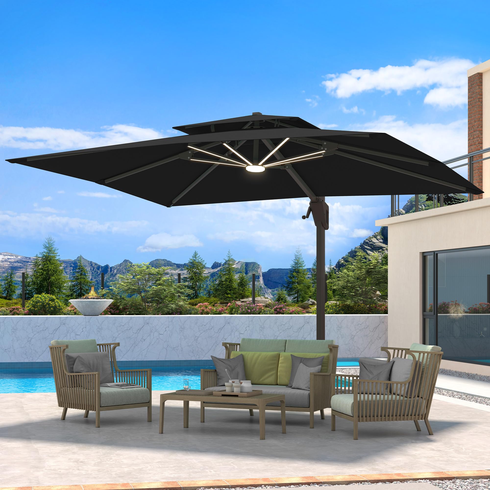 9 blue patio umbrella white pole Terrace Arc 9 ft Scalloped Fringe Market Patio Half Umbrella with Crank, Tilt Button and UV Protection Coral Pink/Brown Pole