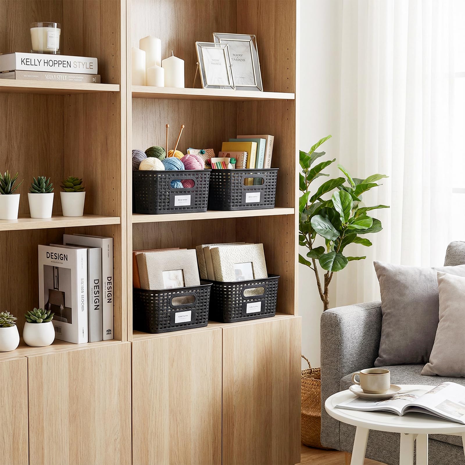 6 Pezzi Scatole Plastica con Coperchio Bambù, Organizer Cucina e Bagno, Impilabile Salvaspazio Cestino Vimini Contenitore Plastica con Bambù Coperchio per Armadio, Ufficio,Camera (Nero)
