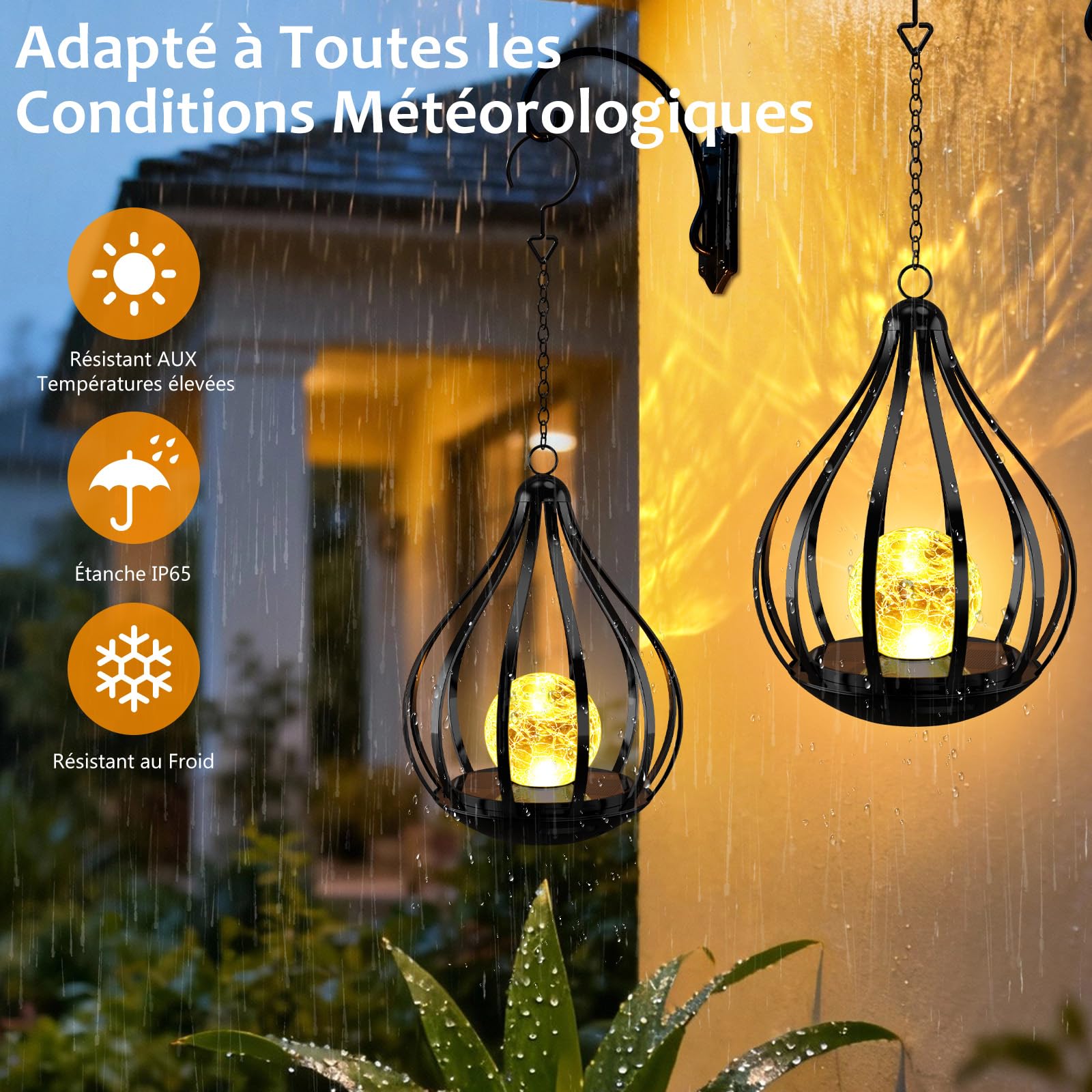 Lanterne Solaire Extérieure avec Sphère Craquelée, IP65 Étanche Lampe Solaire Exterieur pour Décoration Jardin, Suspension ou Pose au Sol Cadeau Idéal pour Terrasse Balcon, 2 Pièces | Lumière Jaune Chaude, Suspensible Ou Posable. Décoration Jardin, Terras