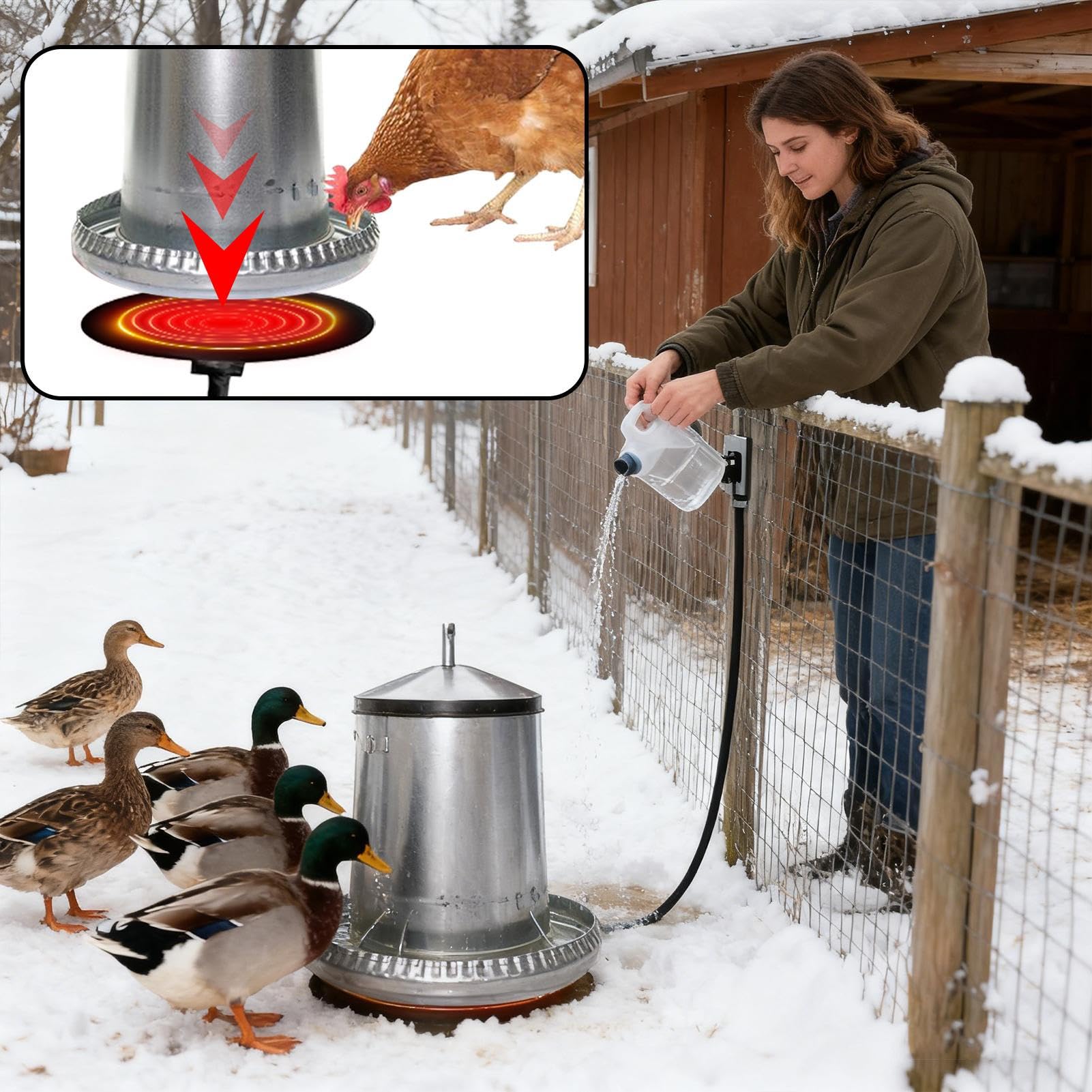 Chauffe-Eau pour Volaille, Base en Silicone 20W avec cordon de 180 cm, Base Chauffante pour Abreuvoir avec Thermostat, Maintient l’Eau Liquide en Hiver, Idéal pour Poules, Canards et Oiseaux de Ferme