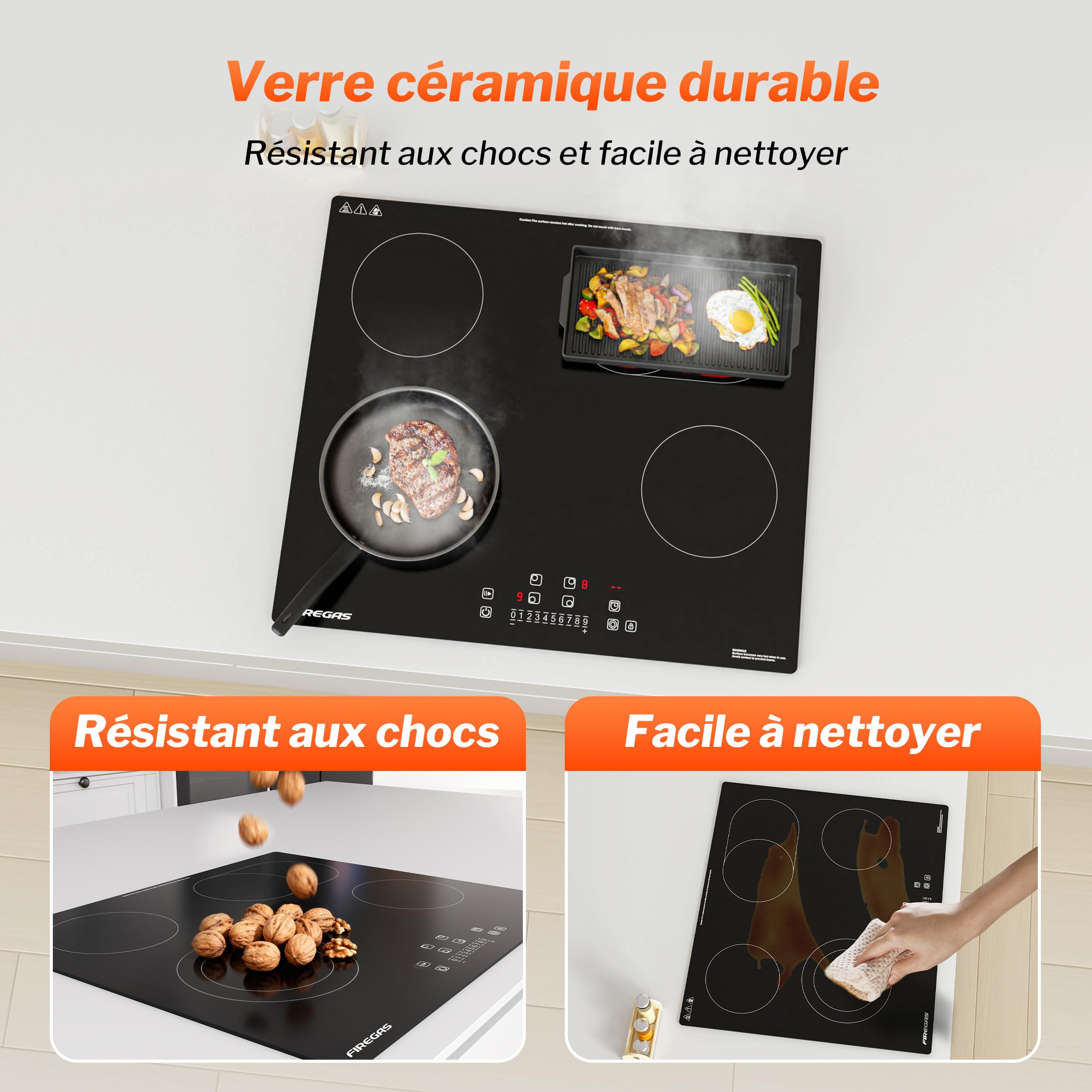 FIREGAS Plaque de Cuisson Électrique Vitrocéramique 4 Feux Encastrable 7200W Zones Duales Ovales Contrôle Tactile Minuteur