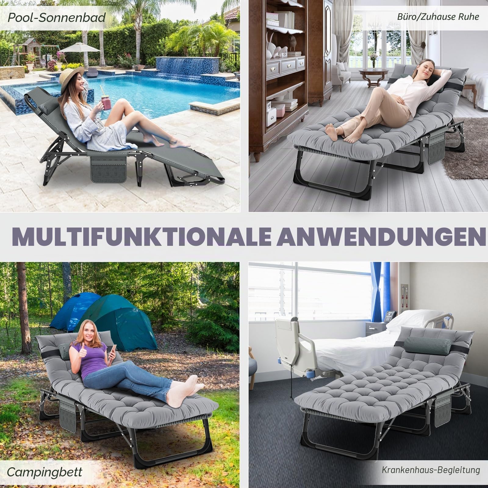 MOPHOTO Sonnenliege, Faltbare Sonnenliege für den Garten mit Matratze, verstellbare Rücken- und Beinauflagen, tragbar, für drinnen und draußen, zusammenklappbar(Grünes Kinderbett, Graue Matte)