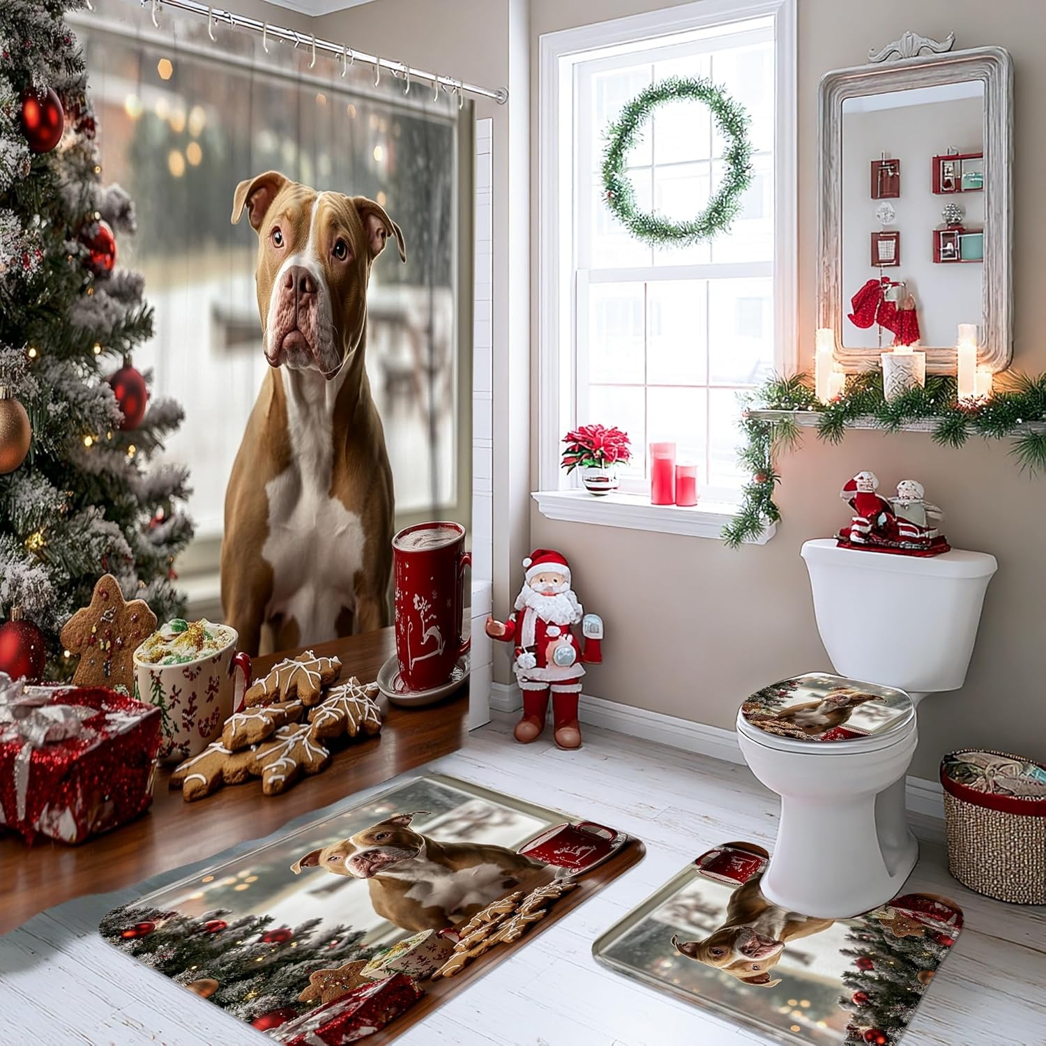 4PCS Winter Christmas Pitbull Dog Bathroom Sets, Bath Accessory with Non-Slip Rug, U Shape Toilet Lid Cover Mat, Gingerbread Xmas Puppy Bathroom Decor-72''x72''