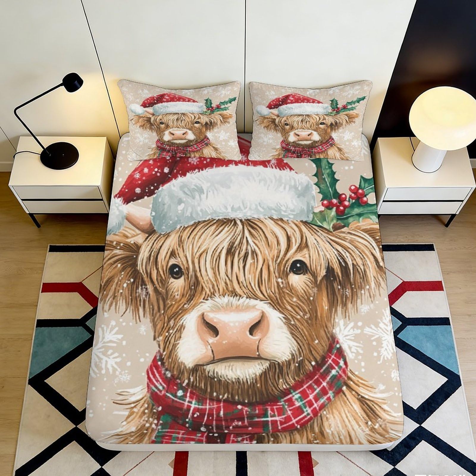 3D Printed Christmas Highland Cow Fitted Sheet Microfiber Anti-Slip Holiday Plaid Bed Cover for Bedroom Guest Room Decor 180x200x25cm