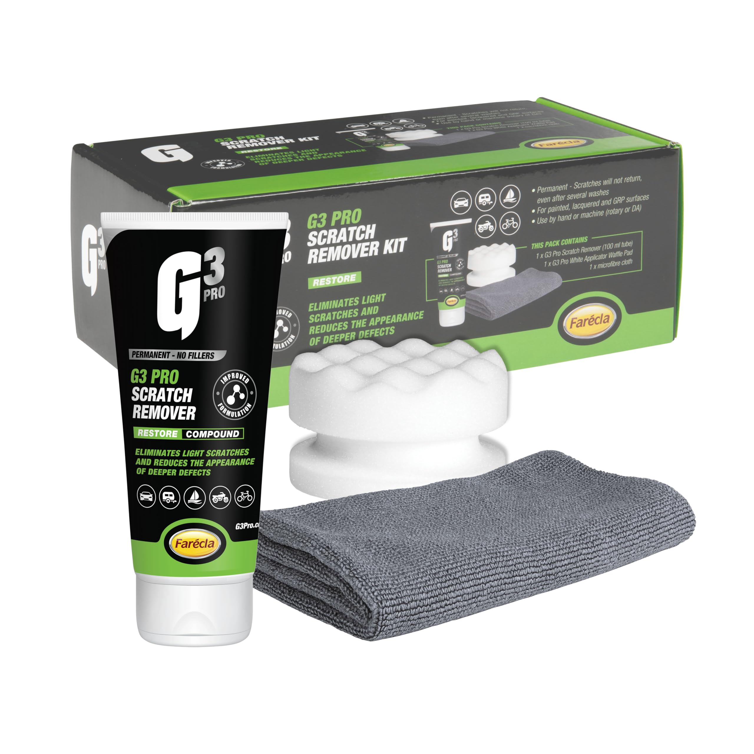 G3 Pro Scratch Remover Kit – Permanent Car Scratch and Scuff Removal | Easy Application, High Gloss Finish | Includes Applicator Pad & Microfibre Cloth | Silicone-Free, VOC-Free (7262)