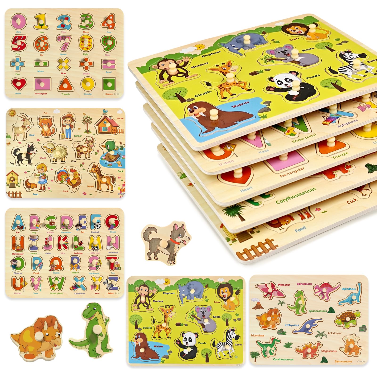 Wooden Peg Puzzles for Toddlers 1 2 3 4 Year Old, 5 Pack Montessori Jigsaw Puzzles for Kids Boys Girls, Early Learning Educational Toys Gift Set with Alphabet Numbers Dinosaurs Farm Animals