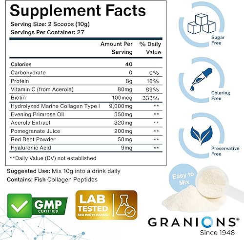 Miniatura 5 de Suplemento de colágeno marino en polvo, péptidos de colágeno marino hidrolizados tipo I, proteínas, biotina, ácido hialurónico, vitamina C,