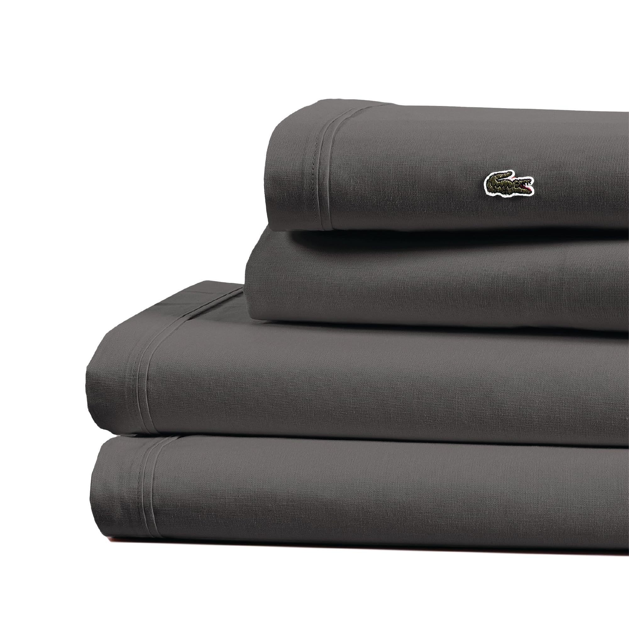 Lacoste 100% Cotton Percale 3-Piece Sheet Set – Cool, Crisp, Matte, and Durable, Oeko-Tex Certified – Solid, Dark Gray, Twin XL