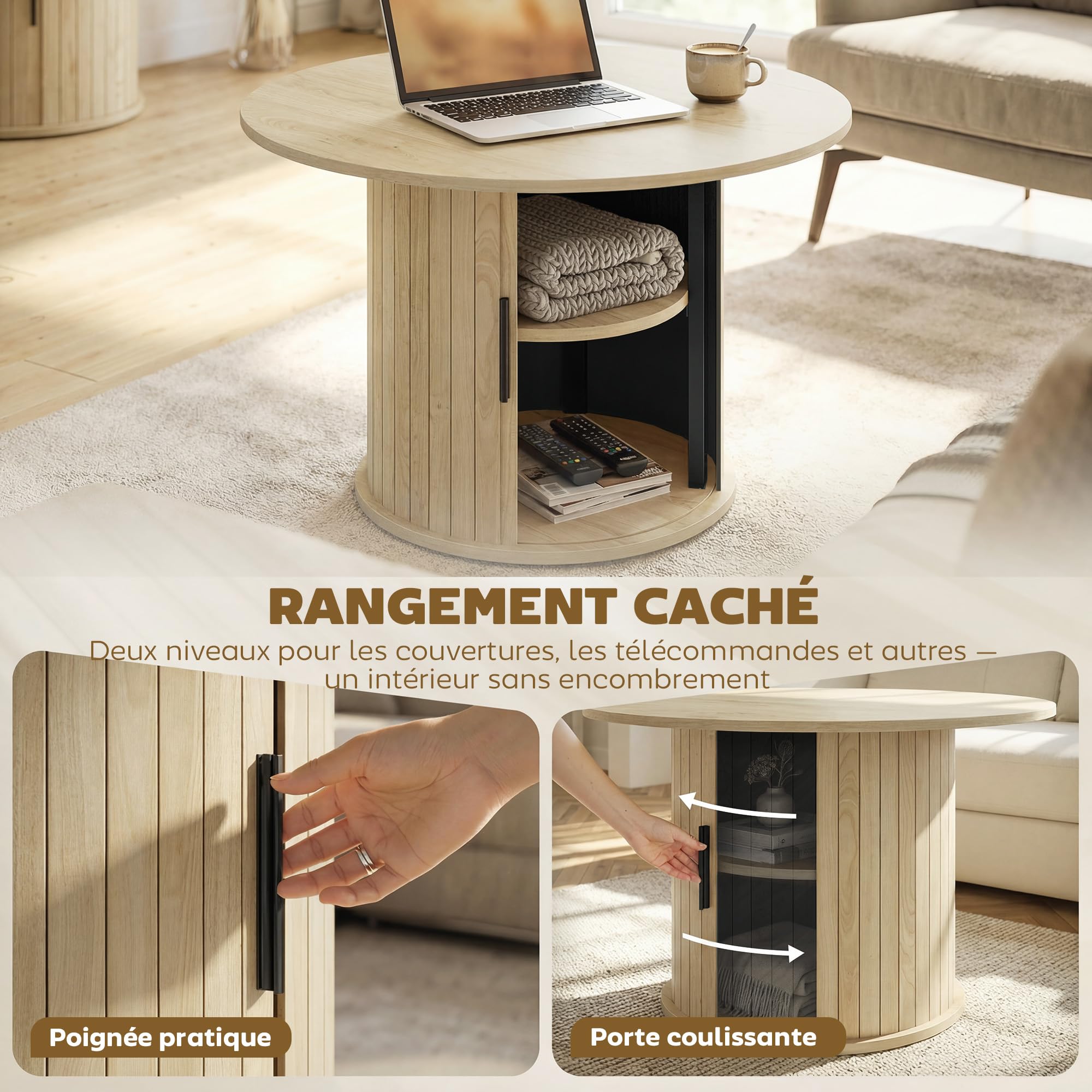 HOMCOM Table Basse Ronde, Table de Salon avec Rangement, Porte coulissante à Lattes, 2 étagères, Patins en Feutre, Style Moderne, pour Salon, Bureau, Ø 80 x 50 cm, Effet Bois Naturel