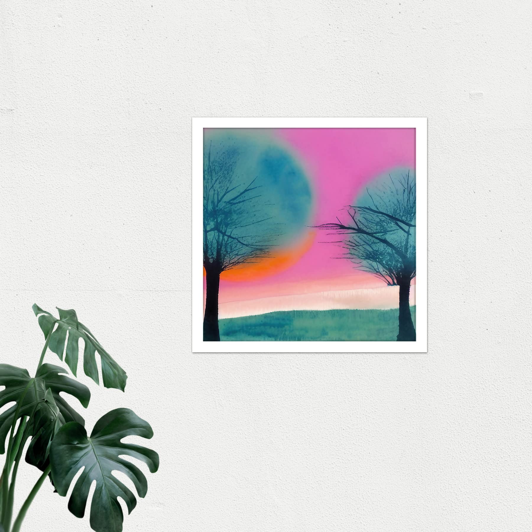 Wee Blue Coo Moonrise After Sunset Landscape In Pink Teal Blue And Purple Watercolour Illustration Square Wooden Framed Wall Art Print Picture 9X9 Inch