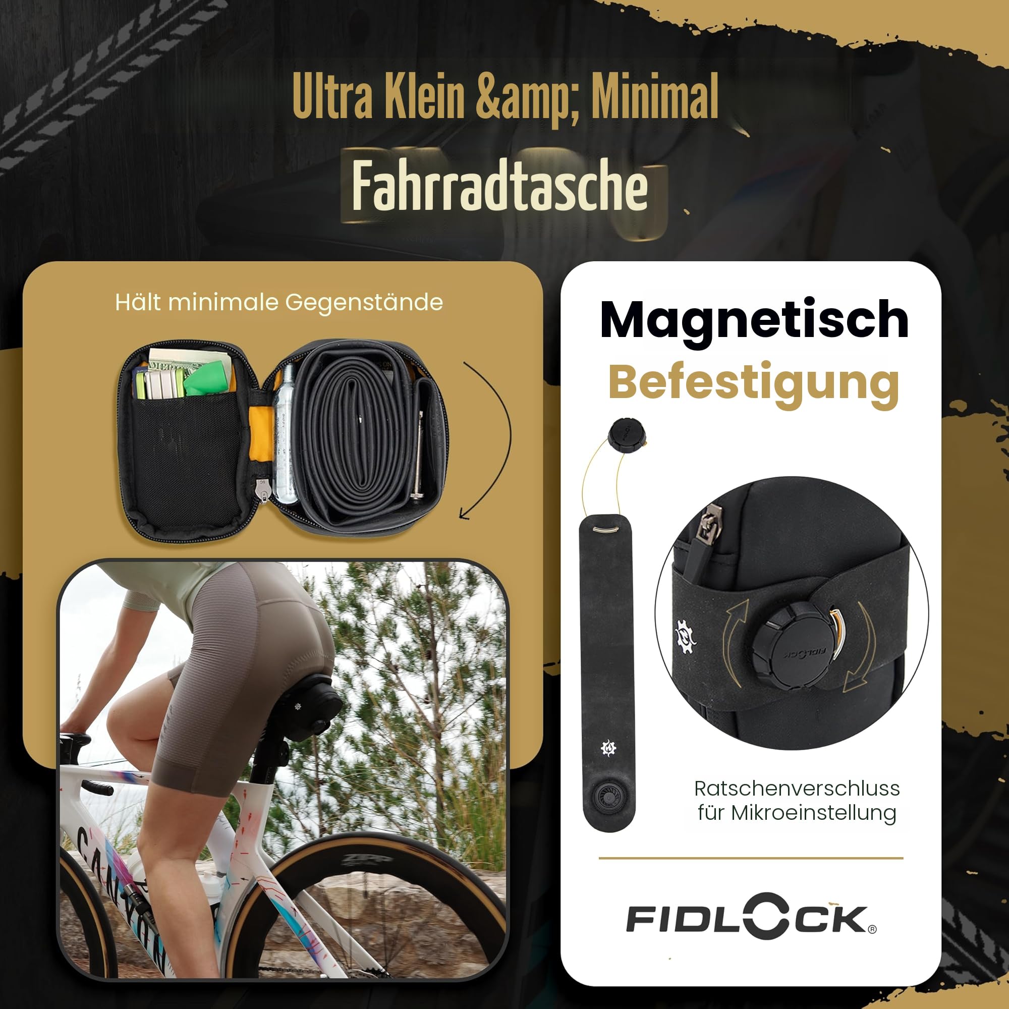 Lumiere & Co. Falcon Magnetische Satteltasche – 0,37 l | 12,7 cm x 7,6 cm x 3,8 cm | Schlankes, minimalistisches Design, schnelle Befestigung mit Magnetverschluss | Fahrradtasche (Schwarz, Klein)