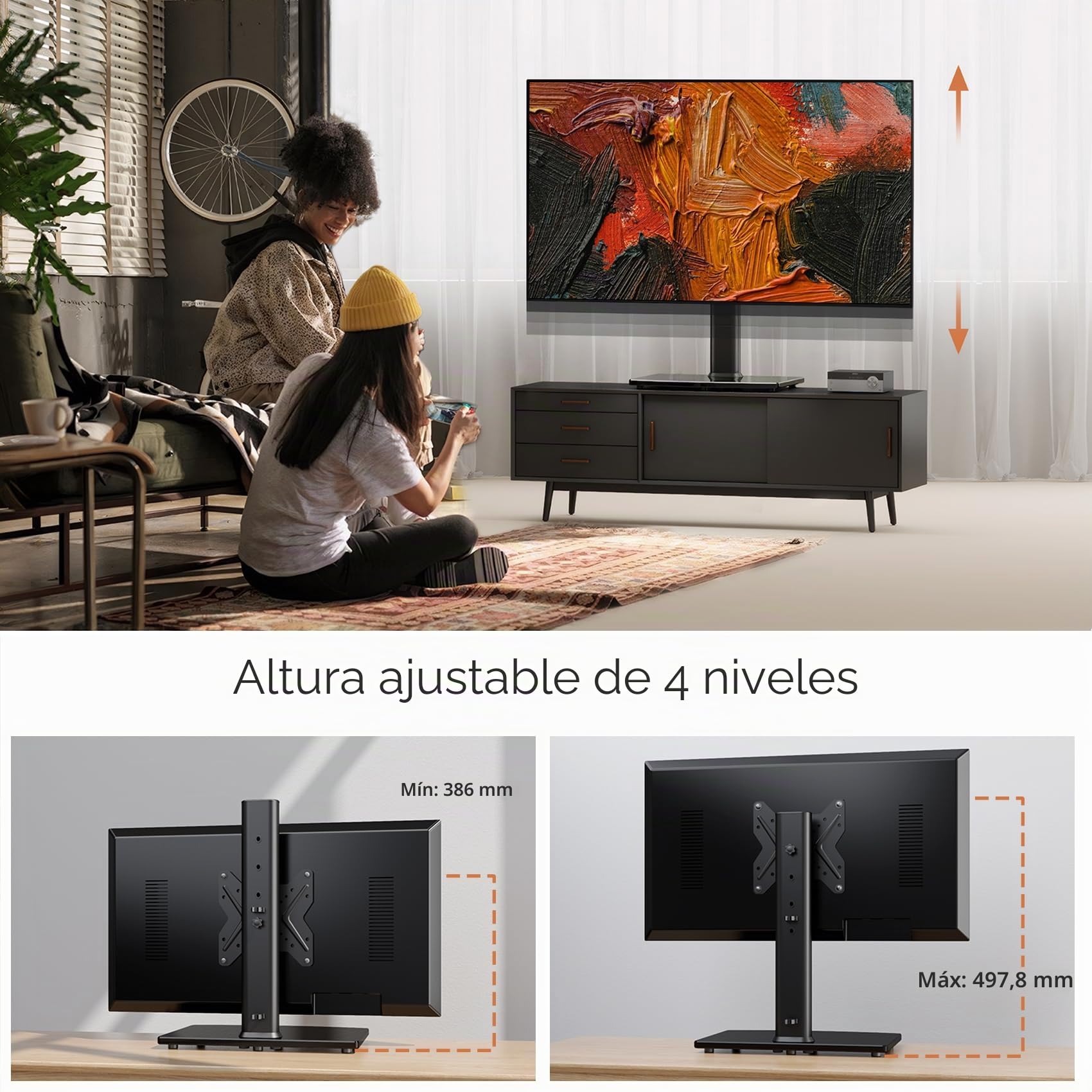 Soporte de TV Universal Giratorio/Soporte de Mesa para televisores de 19 a 43 Pulgadas, Giratorio de 90 Grados, Regulable en Altura sobre 4 Niveles, Base de Cristal Templado Muy Resistente