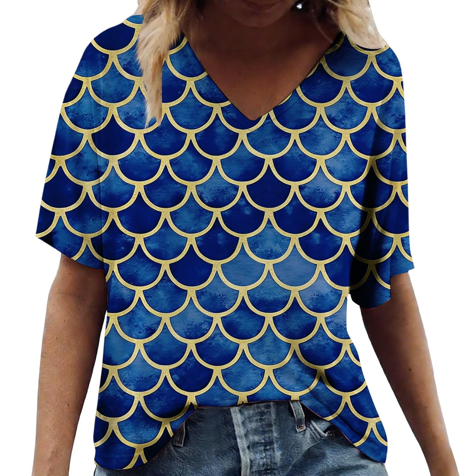 Mermaid T-Shirt Women's Costume Mermaid Oversize T-Shirt with Fish Scale Print Crew Neck Short Sleeve Shirt V-Neck Mermaid Top Elegant Casual Blouse Shirt, O dark blue., XL