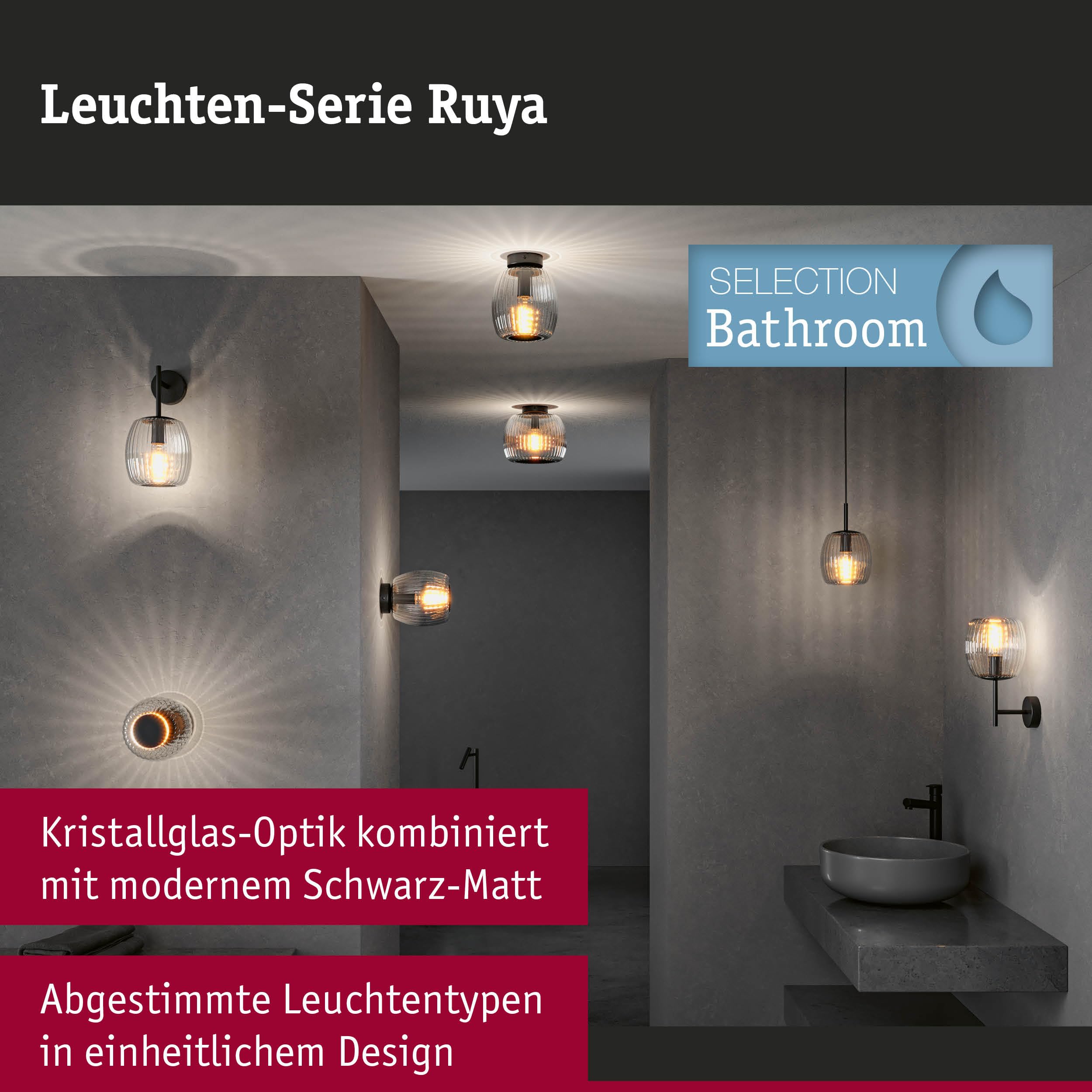 Paulmann 71146 Selection Bathroom Deckenleuchte Ruya IP44 E27 230V max. 60W Glas, Schwarz matt Wand-/Deckenleuchte, Badbeleuchtung