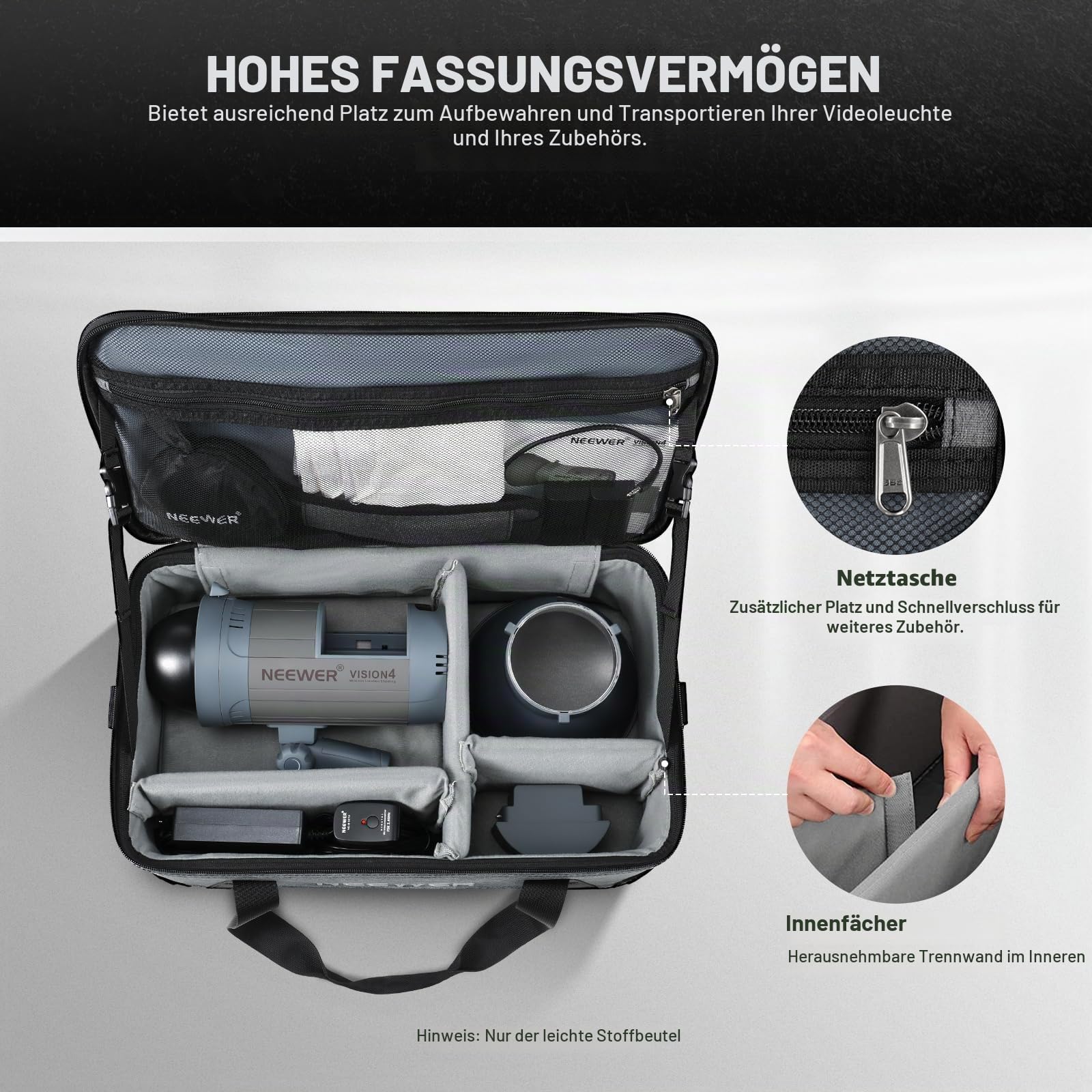 NEEWER Tragetasche mit beweglicher Schaumstoffpolsterung für Studio Light Q300 Vision 4 ML300 CB60B RGB CB60 MS60B MS60C MS150B, Robuste Transporttasche aus Oxford Gewebe mit Schultergurt & Griff, PB5