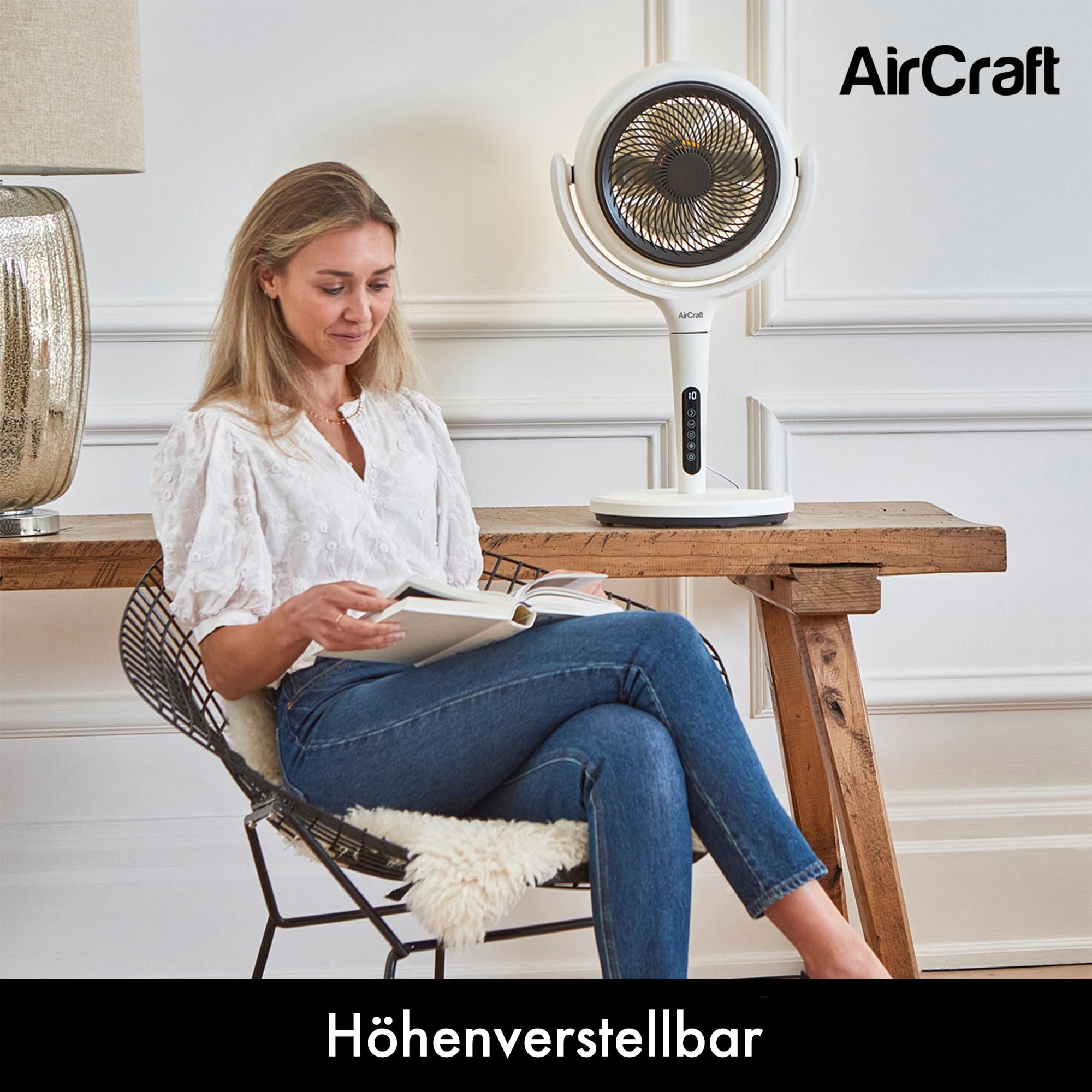 AirCraft Home, Lume Ventilator mit Fernbedienung und LED-Hintergrundbeleuchtung, Ultra-leiser 3D Luftzirkulator, Höhenverstellbarer Tisch- und Standventilator mit Timer und 3 Modi