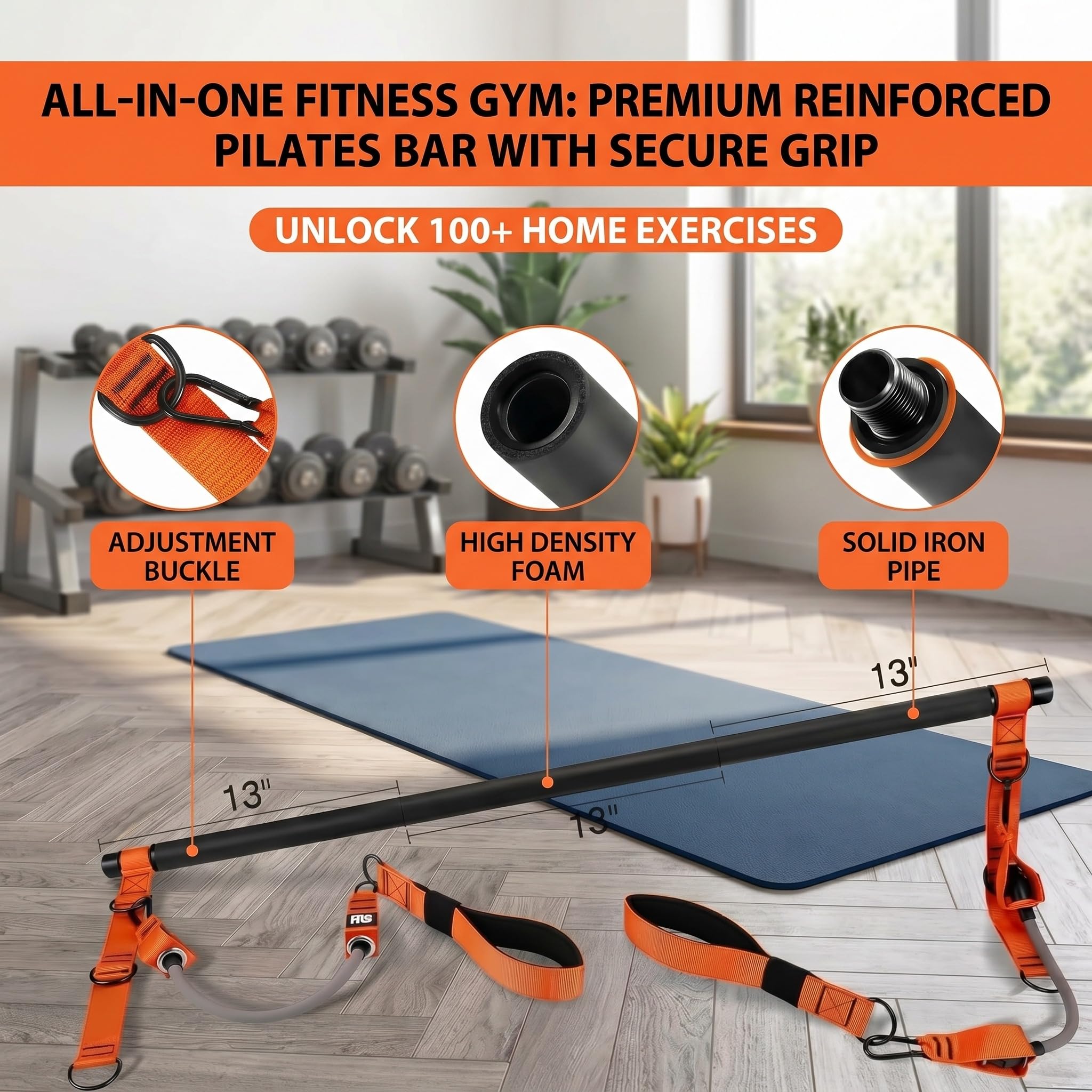 SOONHUA Kit Pilates en Casa, Barra de Pilates con 6 Bandas de Resistencia de Caucho Natural hasta 270 LBS, Equipo Multifuncional de 19 Piezas para Entrenamiento de Fuerza y Gimnasio Portátil