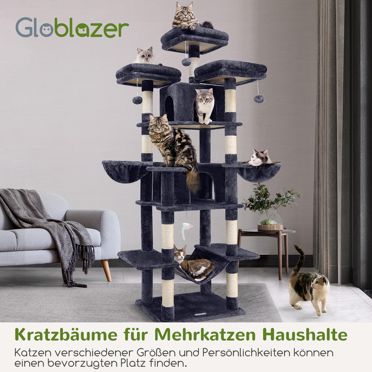 Globlazer F80 drapak XXL z hamakiem 204 cm dla kotów 2/3/4 | Drzewko dla kota z 3 drążkami do siedzenia, domki dla kotów, łatwy montaż zamek dla kota do salonu, sypialni, studia