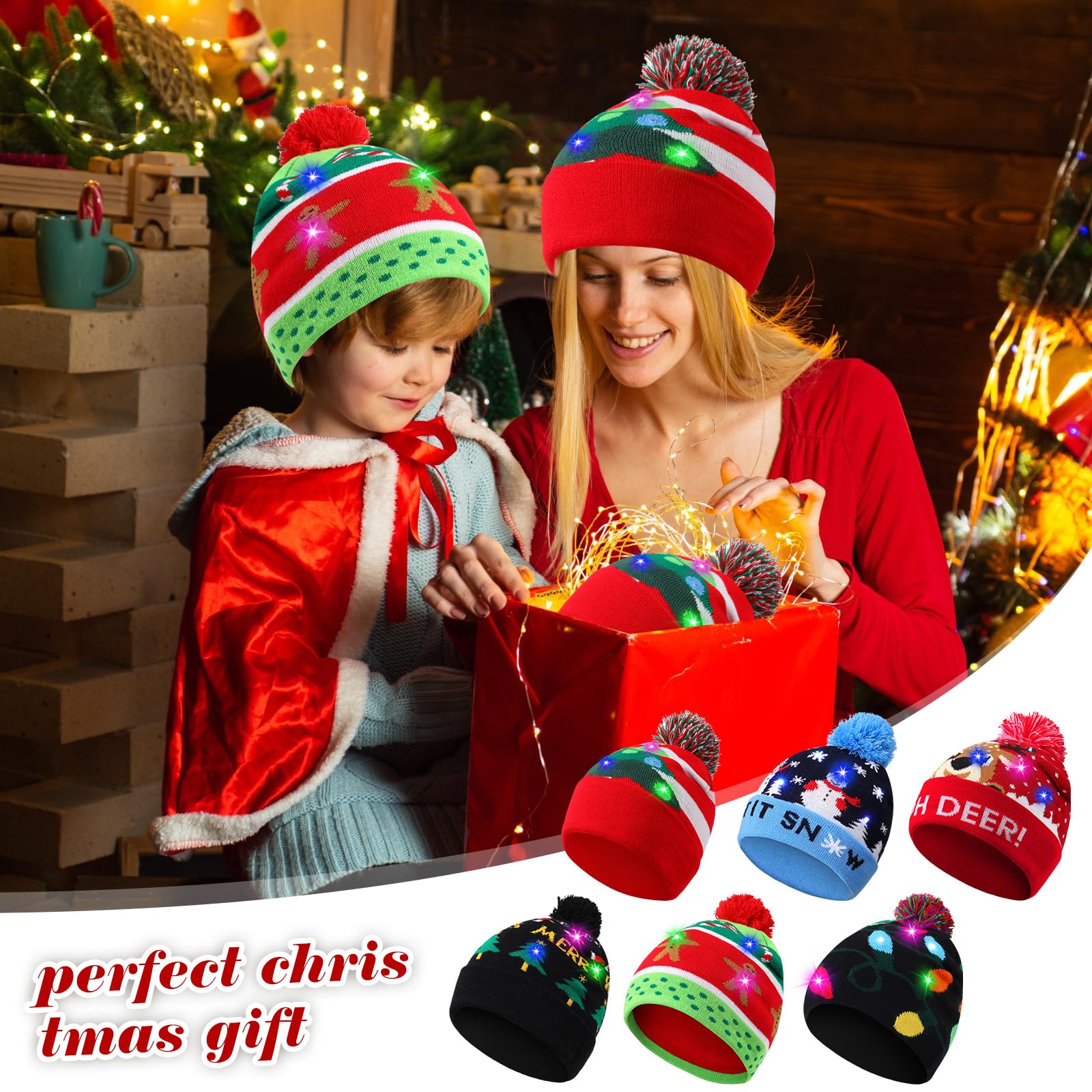 Lot de 6 chapeaux de Noël lumineux lumineux à LED pour femmes et hommes adultes non sexes hiver moche pull